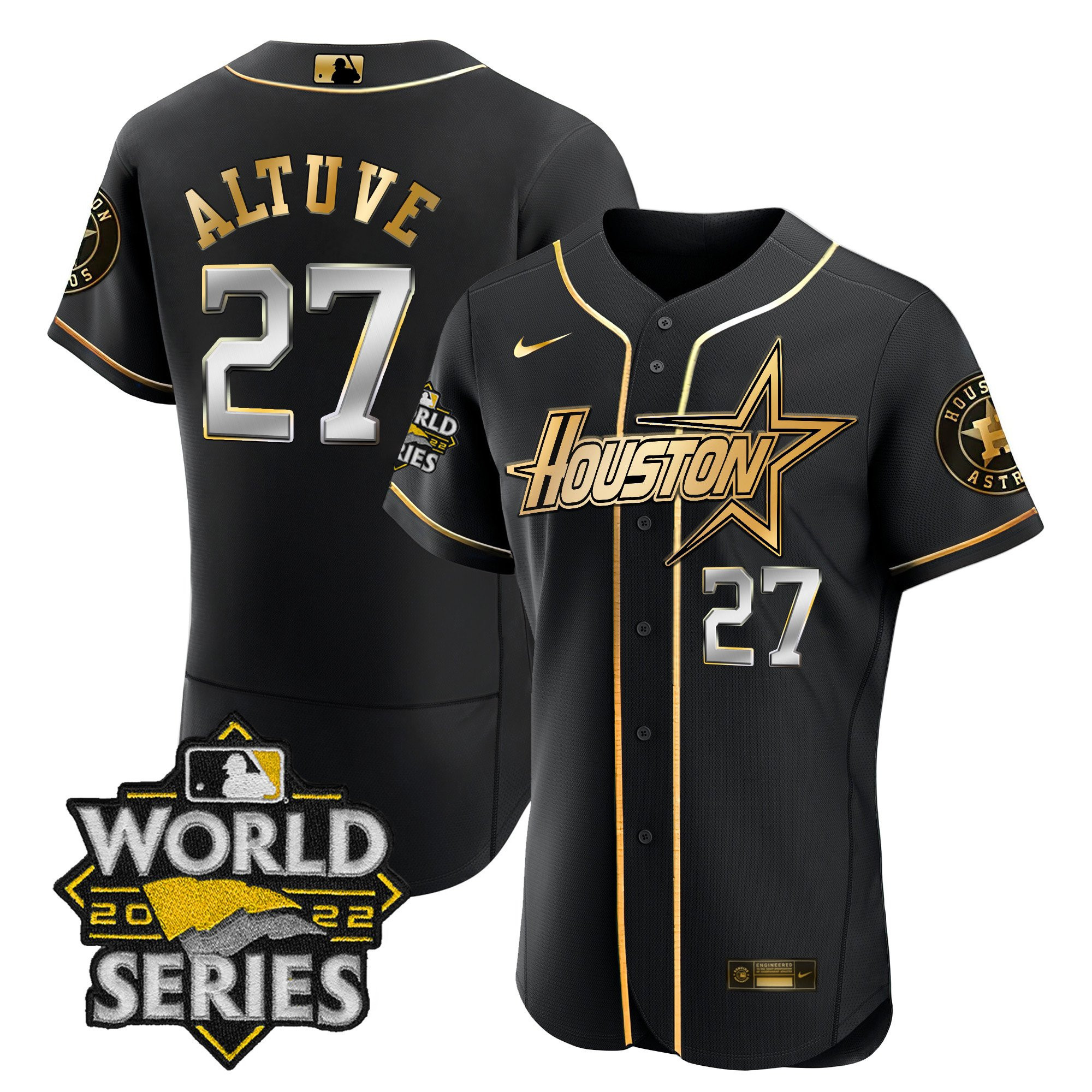 José Altuve Men's Houston Astros World Series Black Gold Special Flex Black Jersey - All Stitched
