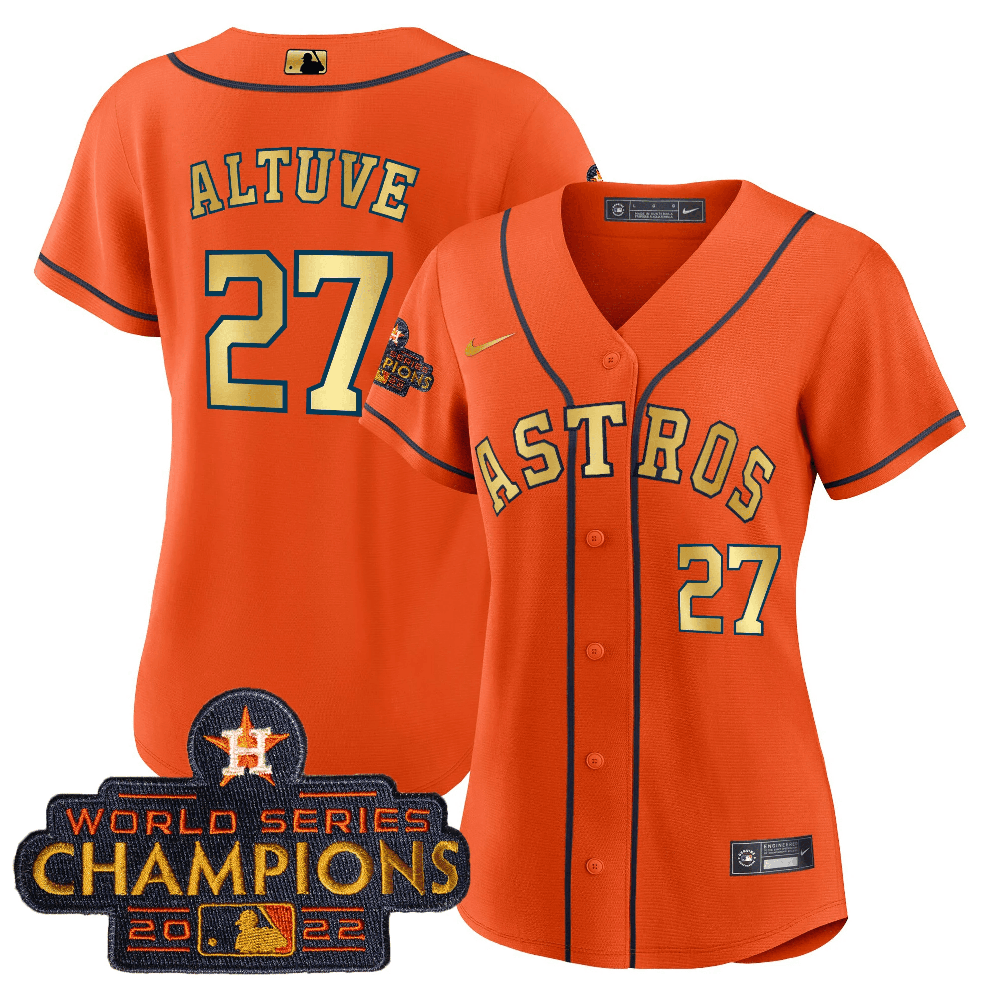 José Altuve Women's Houston Astros 2023 Champions Orange Gold Jersey - All Stitched