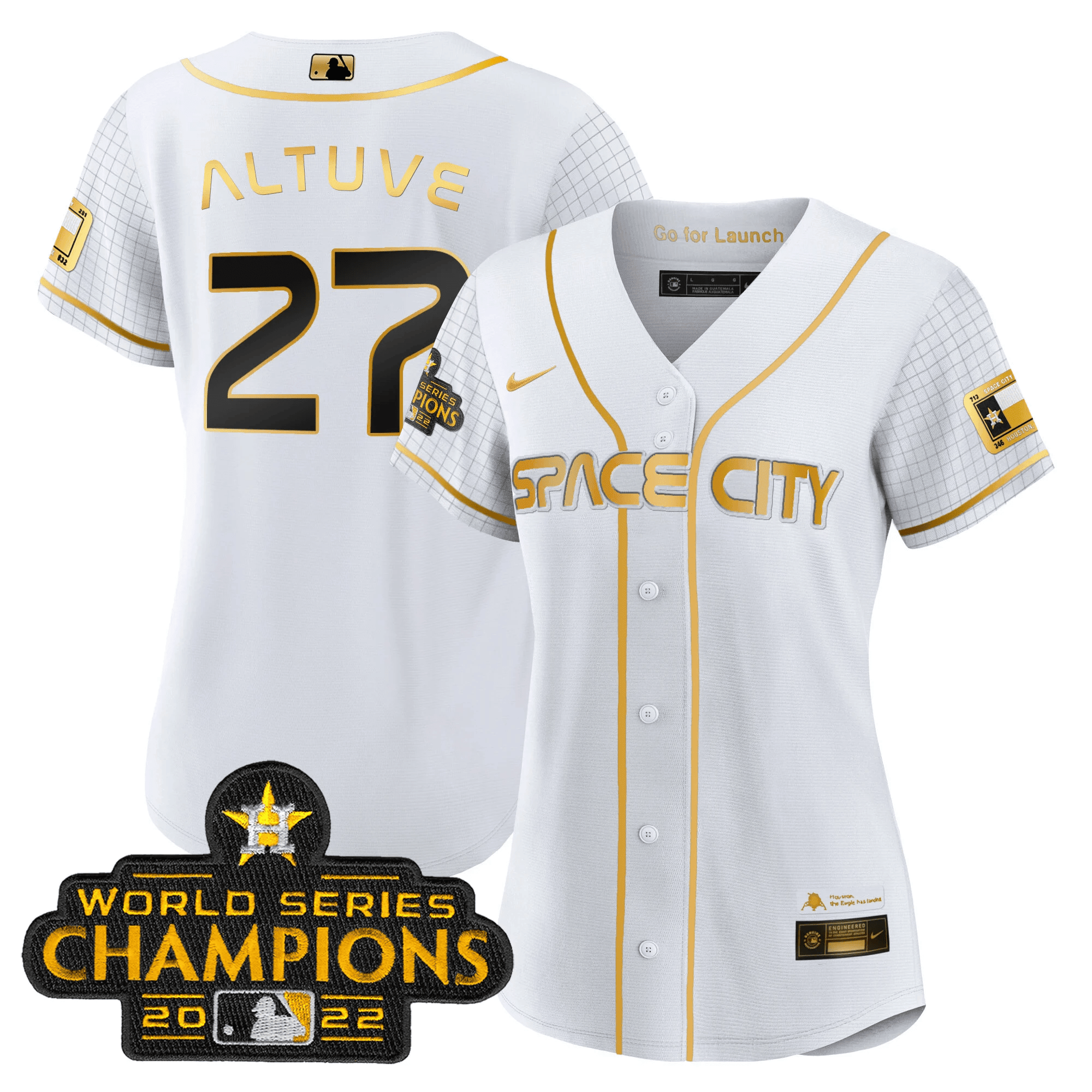 José Altuve Women's Houston Astros 2023 Space City Champions White Gold Jersey - All Stitched
