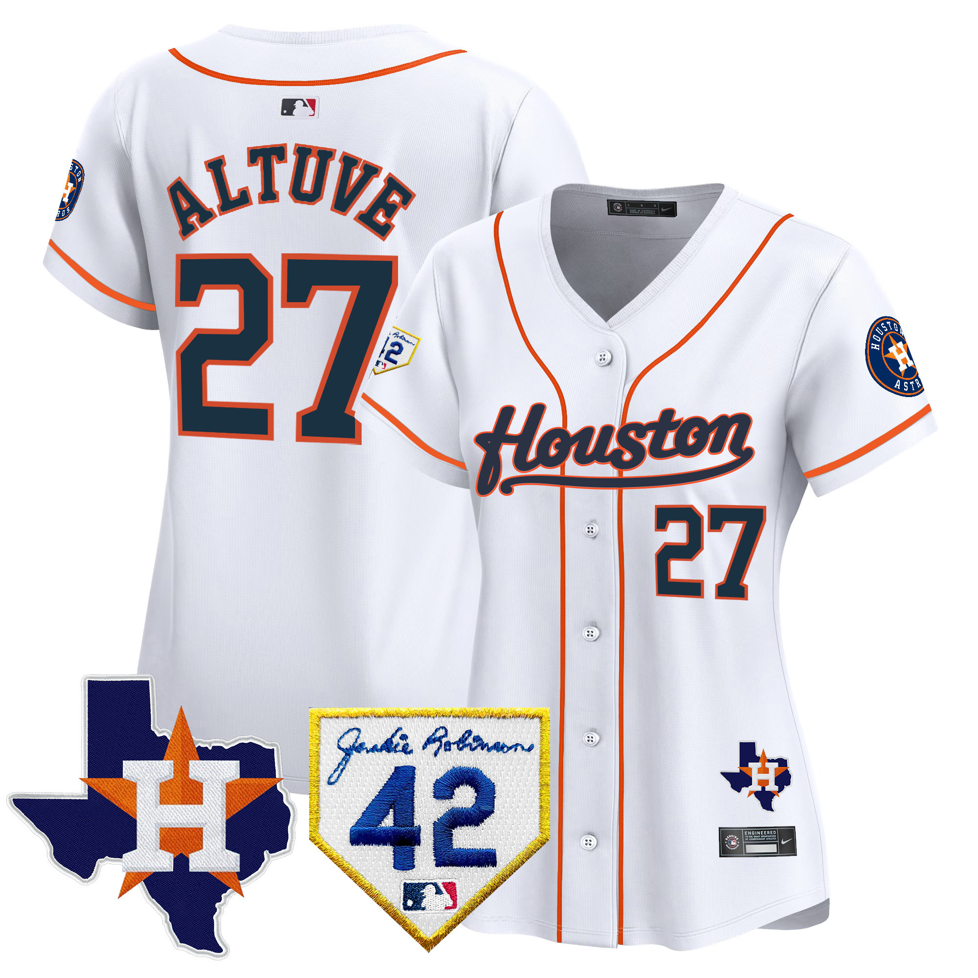 José Altuve Women's Houston Astros 2024 Jackie Robinson Patch Vapor Premier Limited Home Jersey - All Stitched
