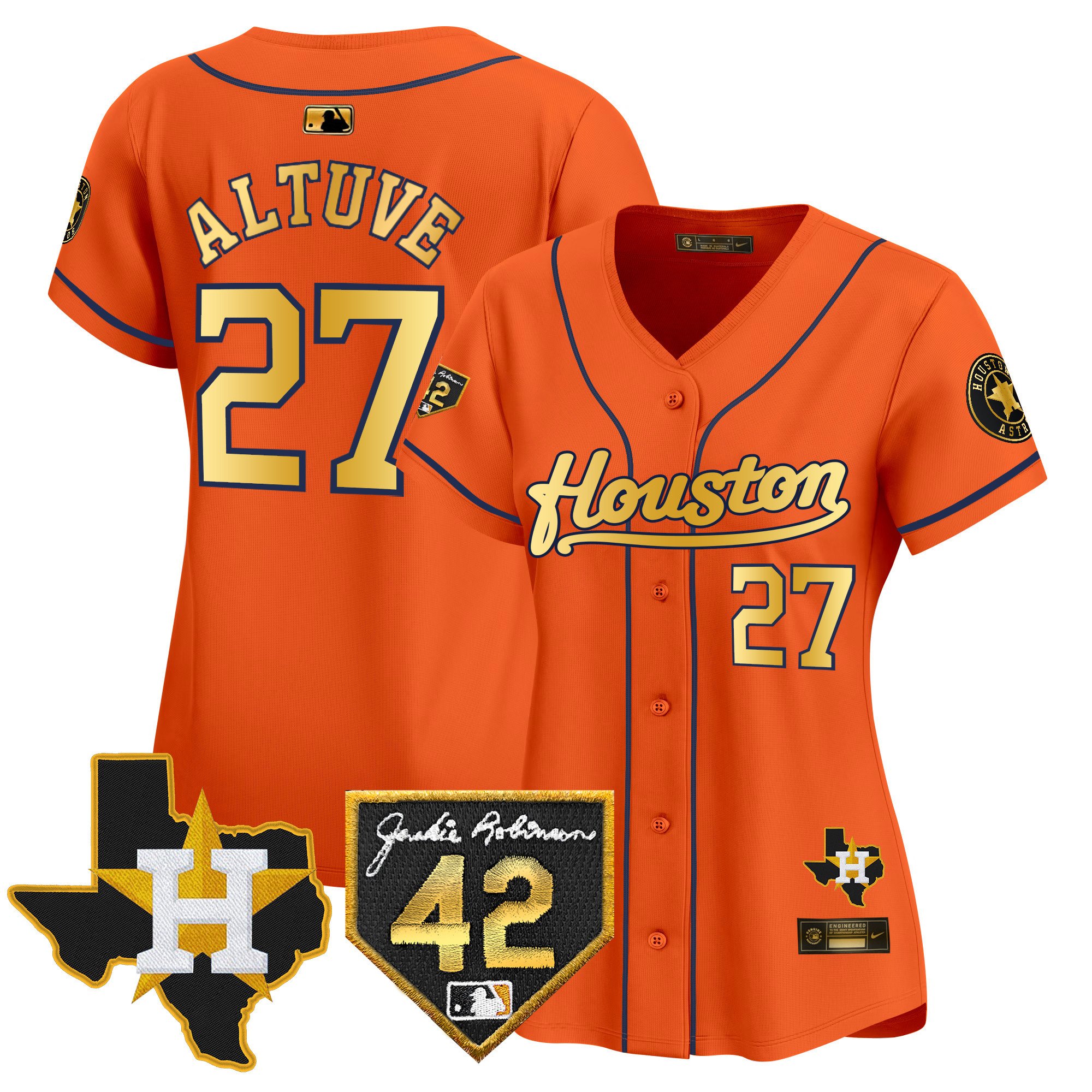 José Altuve Women's Houston Astros 2024 Jackie Robinson Patch Vapor Premier Limited Orange Gold Jersey - All Stitched