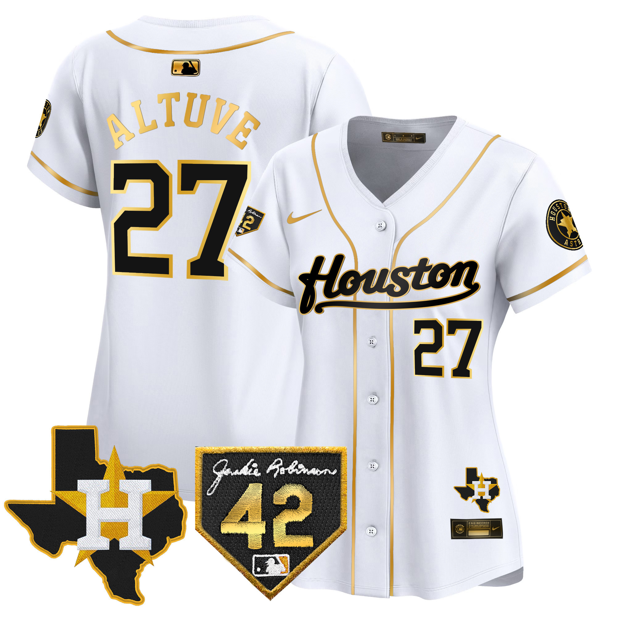 José Altuve Women's Houston Astros 2024 Jackie Robinson Patch Vapor Premier Limited White Gold Jersey - All Stitched
