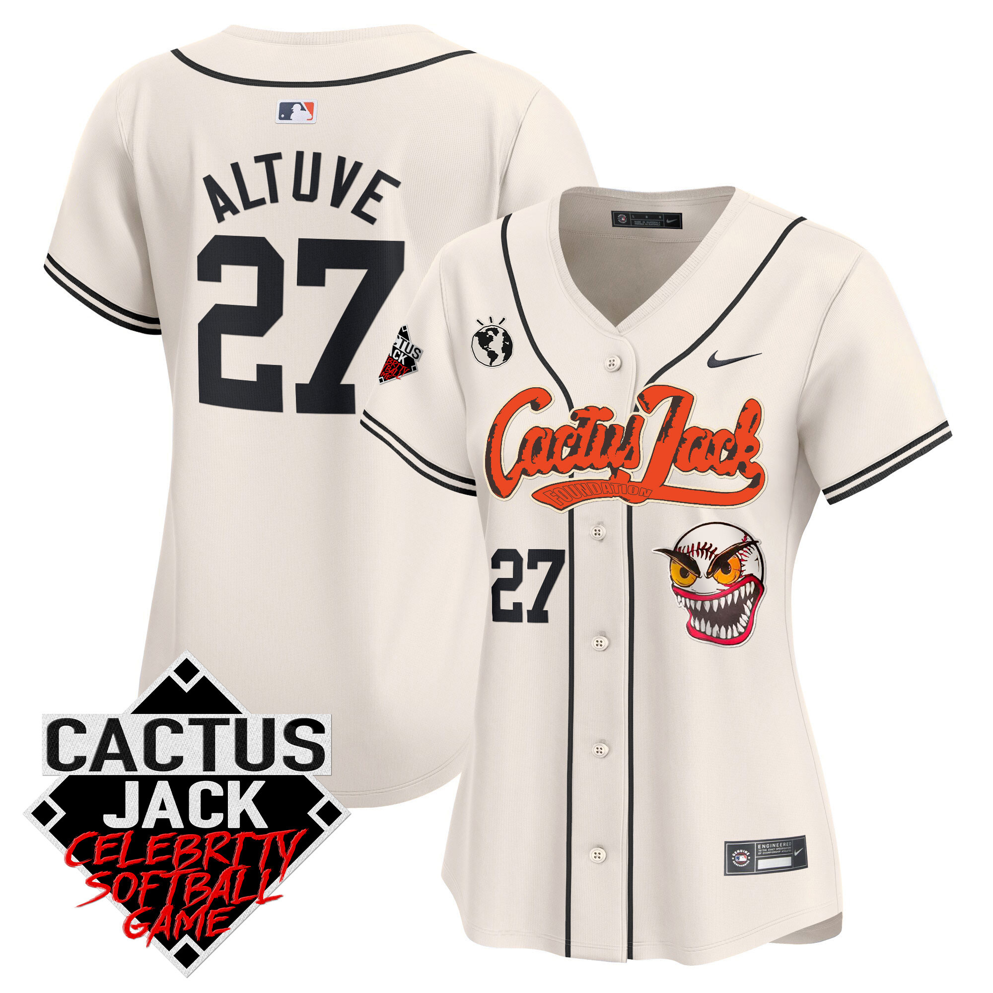 José Altuve Women's Houston Astros Cactus Jack Celebrity Softball Game Patch Vapor Premier Limited Cream Jersey - All Stitched
