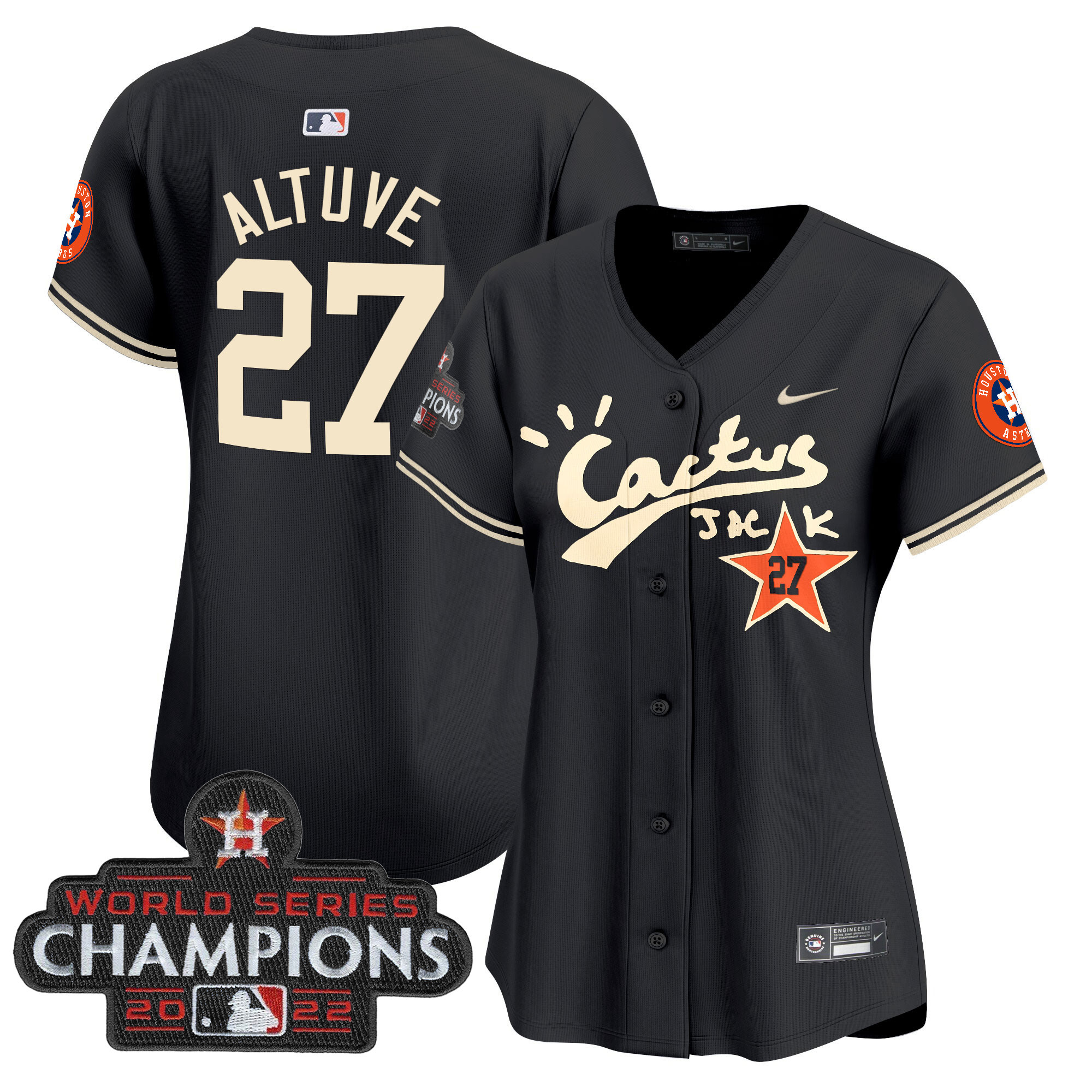 José Altuve Women's Houston Astros Cactus Jack Champions Patch Vapor Premier Limited Black Jersey - All Stitched
