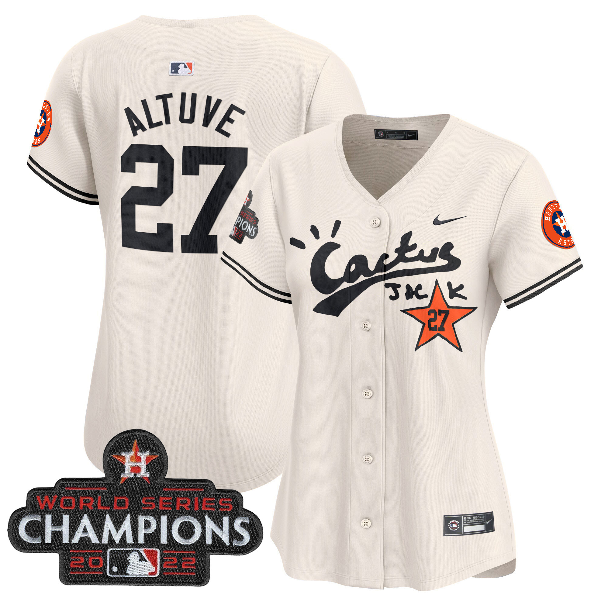 José Altuve Women's Houston Astros Cactus Jack Champions Patch Vapor Premier Limited Cream Jersey - All Stitched