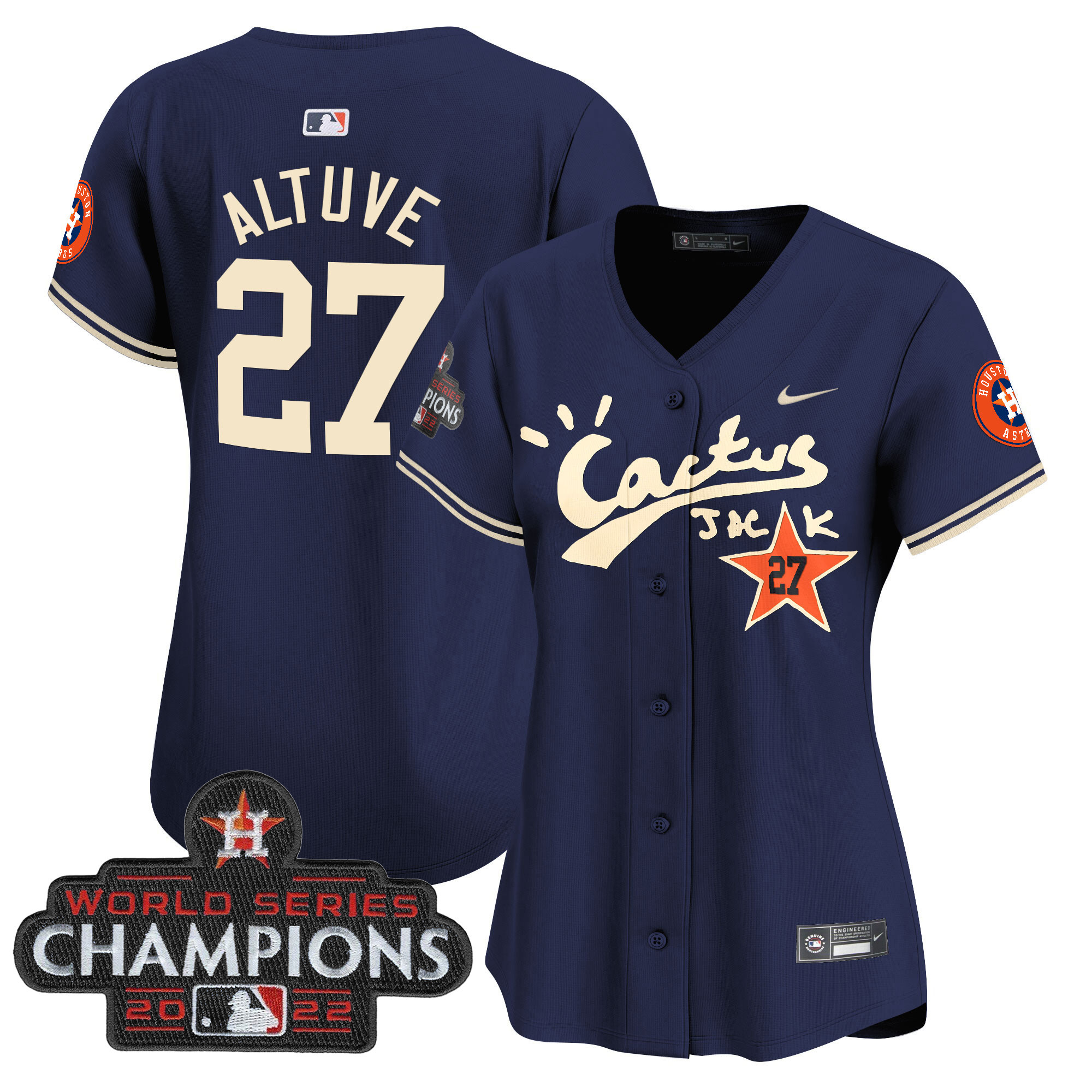 José Altuve Women's Houston Astros Cactus Jack Champions Patch Vapor Premier Limited Navy Jersey - All Stitched