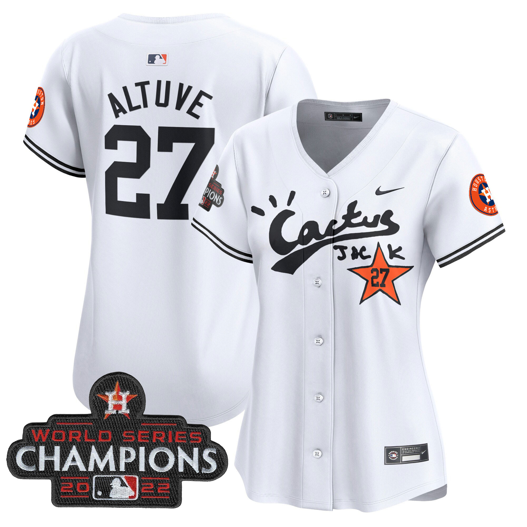 José Altuve Women's Houston Astros Cactus Jack Champions Patch Vapor Premier Limited White Jersey - All Stitched