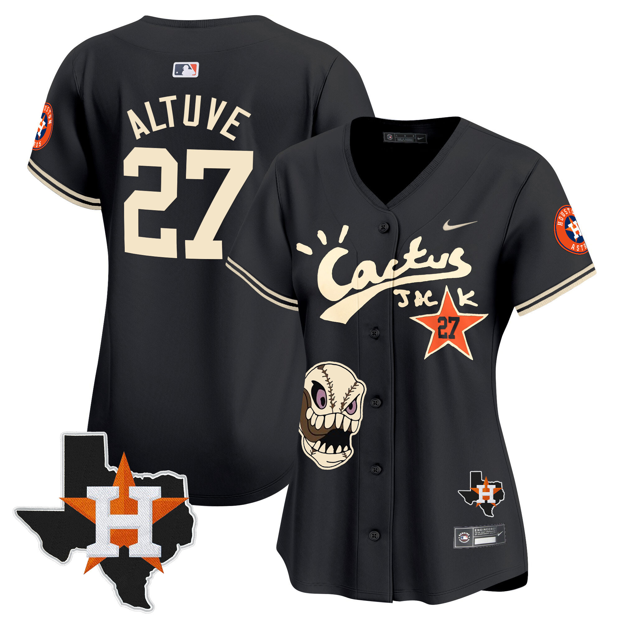 José Altuve Women's Houston Astros Cactus Jack Patch Vapor Premier Limited Black Jersey - All Stitched