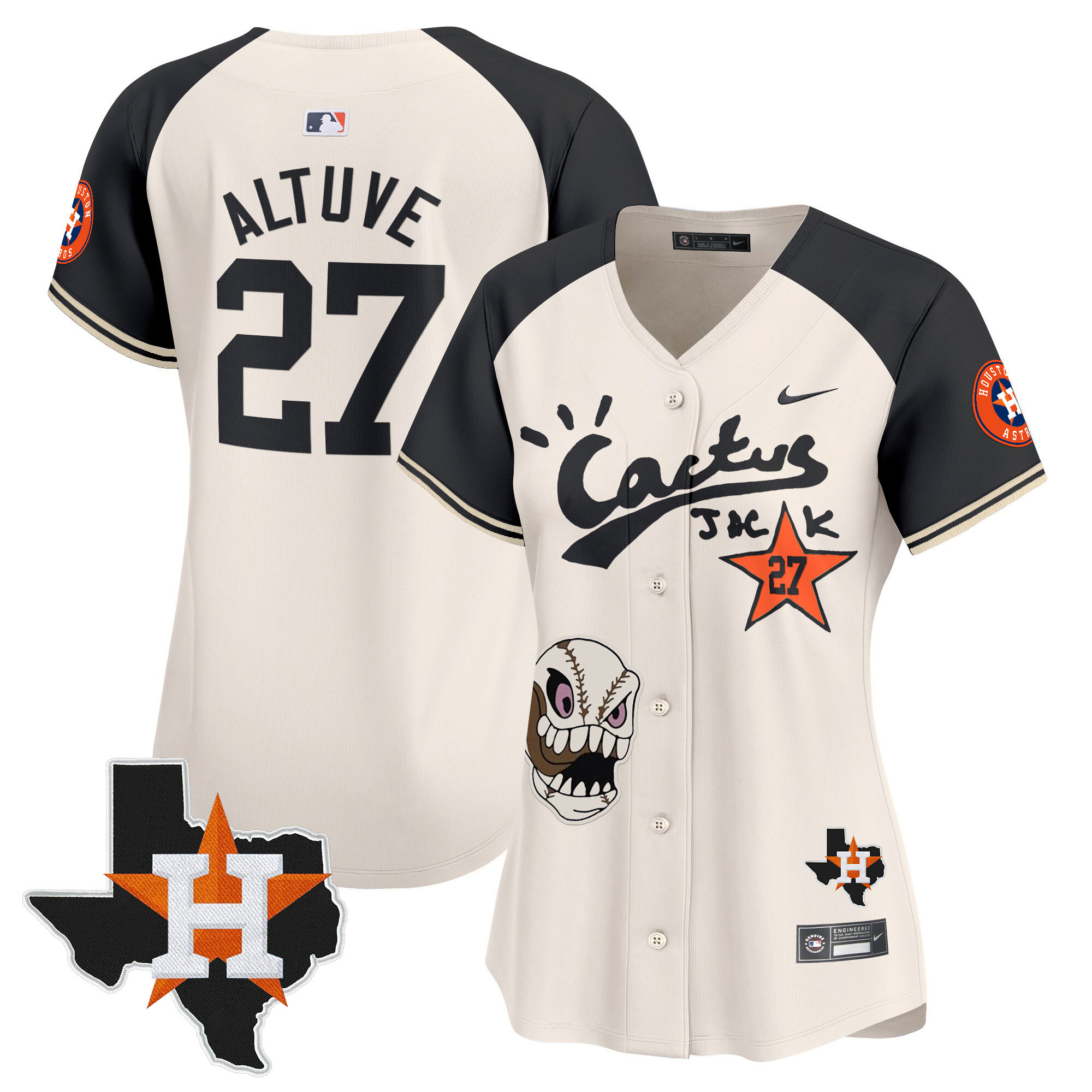 José Altuve Women's Houston Astros Cactus Jack Patch Vapor Premier Limited Cream Alternate Jersey - All Stitched