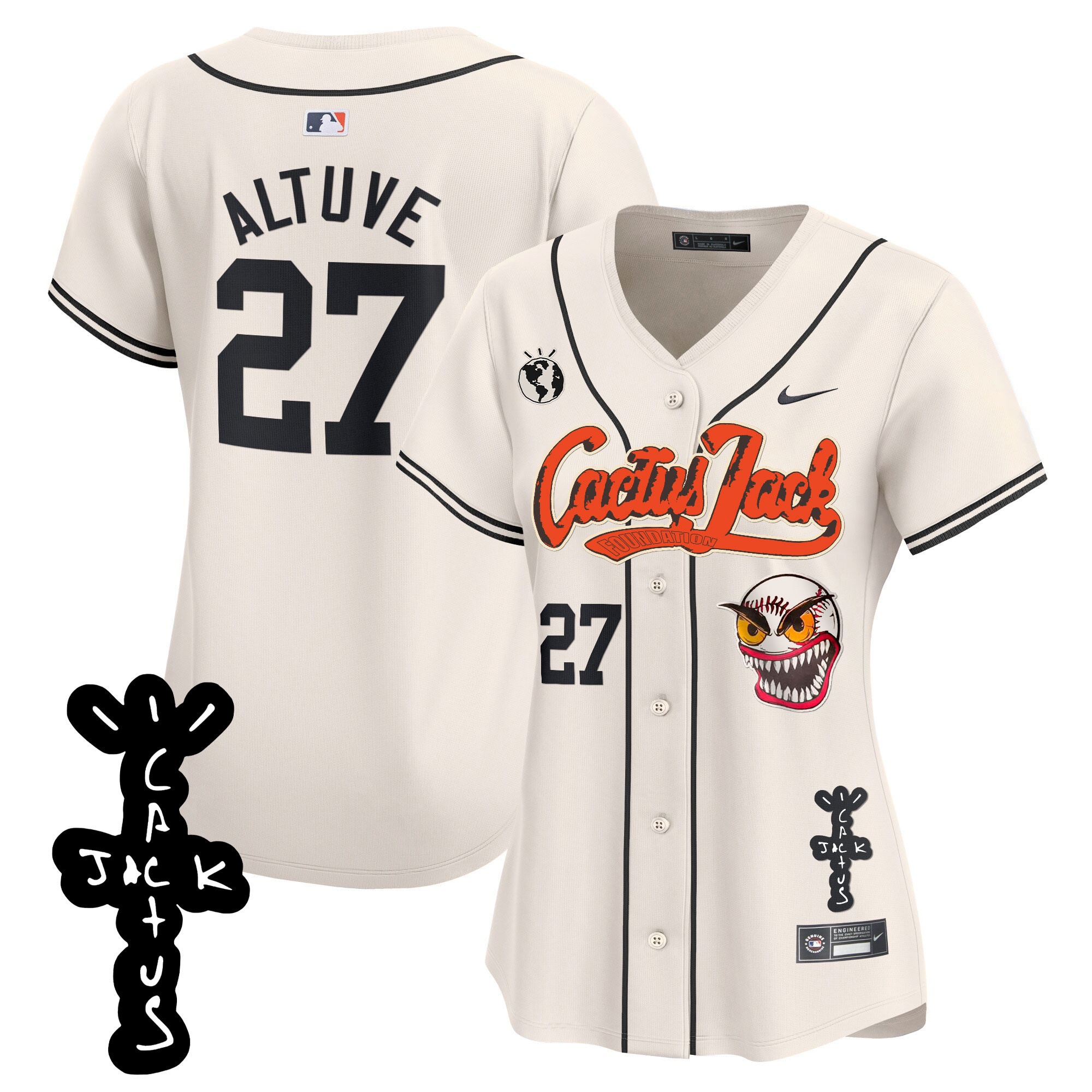 José Altuve Women's Houston Astros Cactus Jack Patch Vapor Premier Limited Cream Jersey - All Stitched