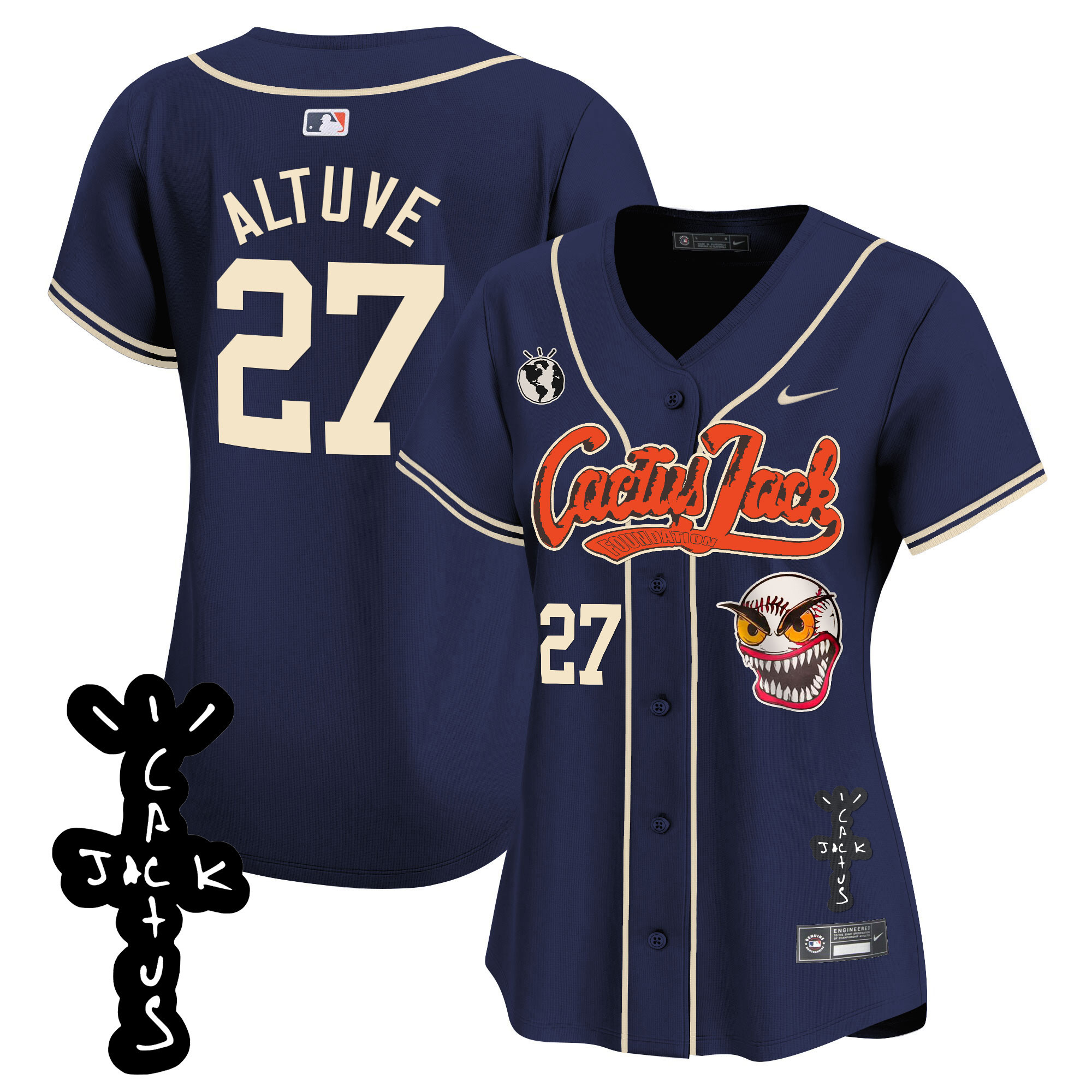 José Altuve Women's Houston Astros Cactus Jack Patch Vapor Premier Limited Navy Jersey - All Stitched