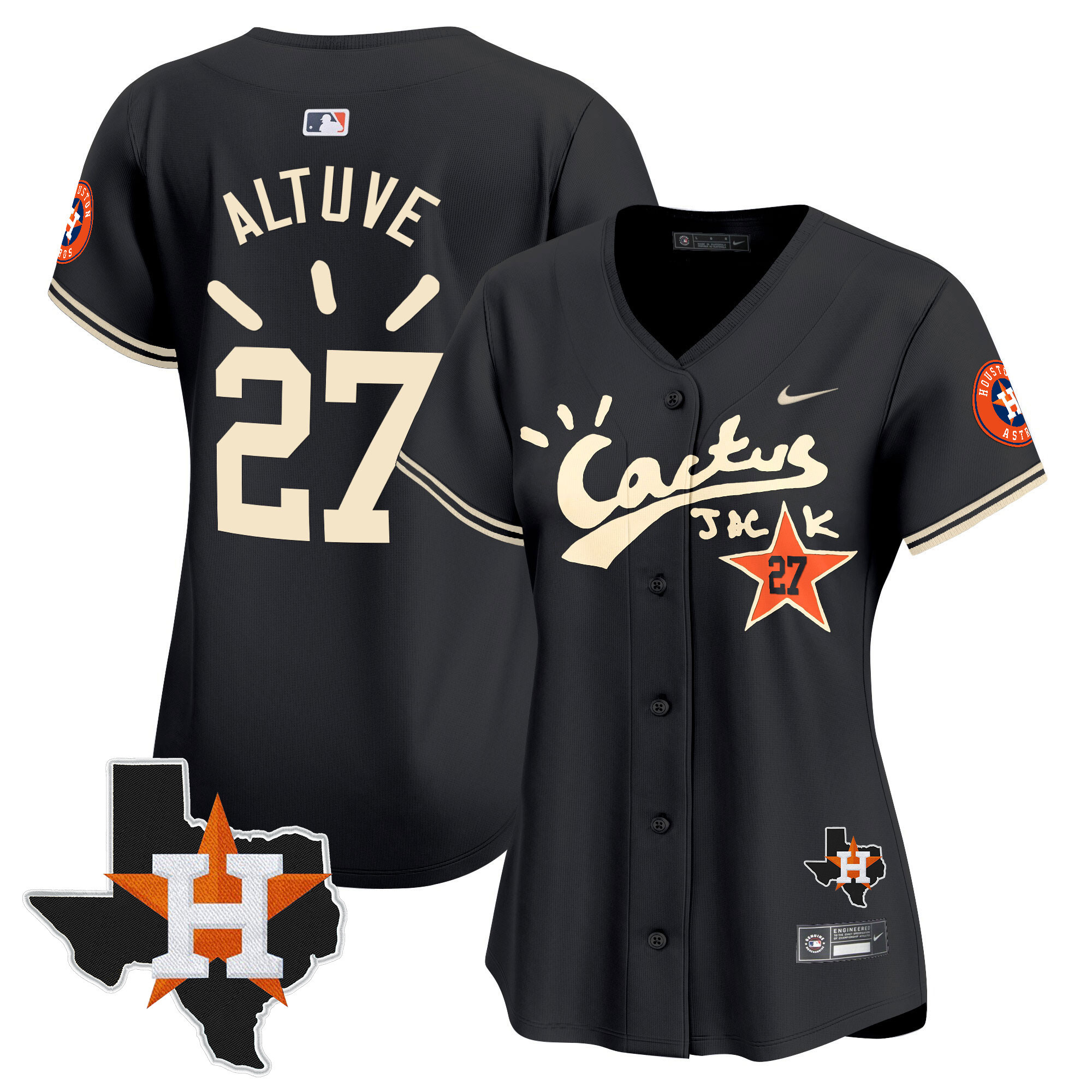 José Altuve Women's Houston Astros Cactus Jack Patch Vapor Premier Limited V10 Black Jersey - All Stitched