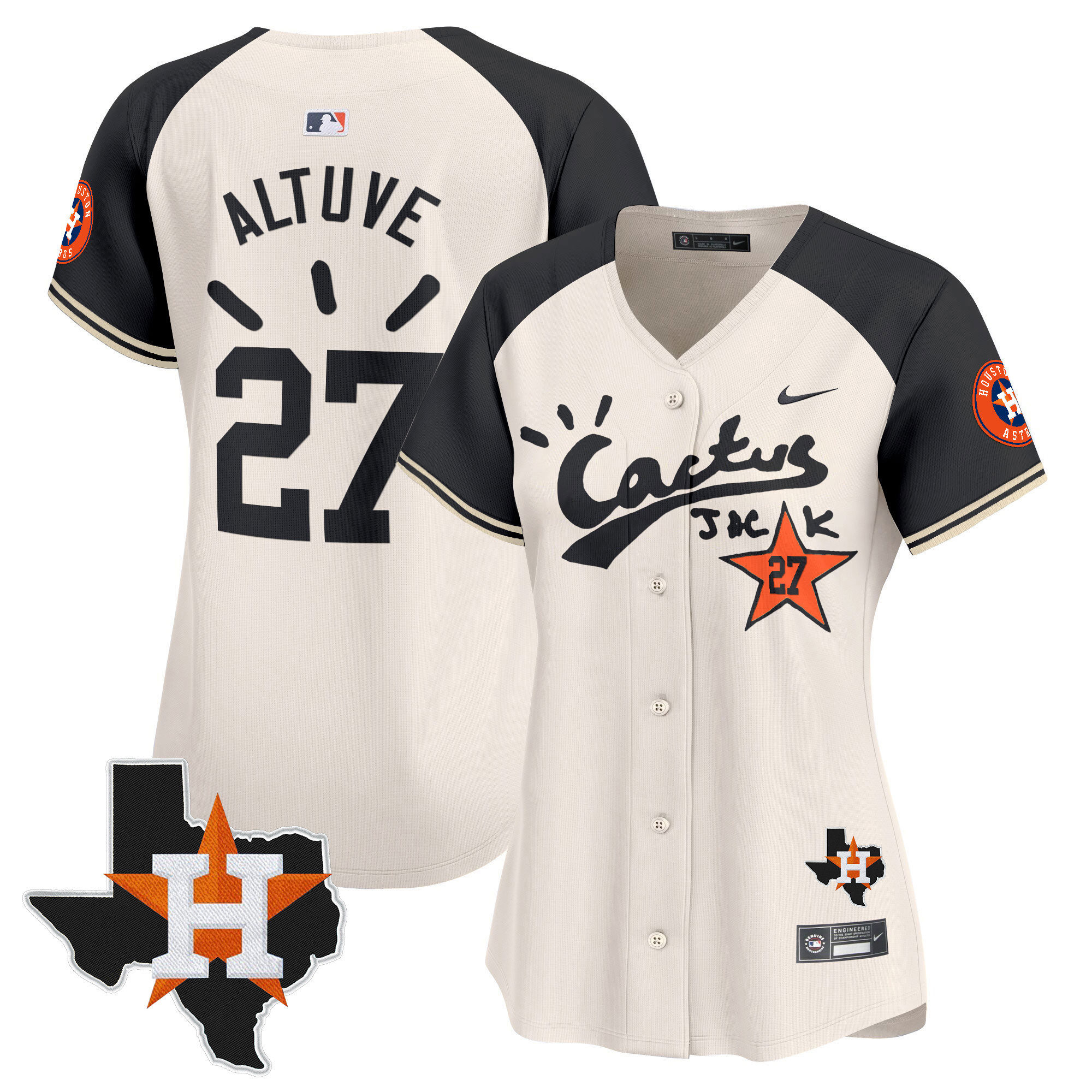 José Altuve Women's Houston Astros Cactus Jack Patch Vapor Premier Limited V10 Cream Alternate Jersey - All Stitched