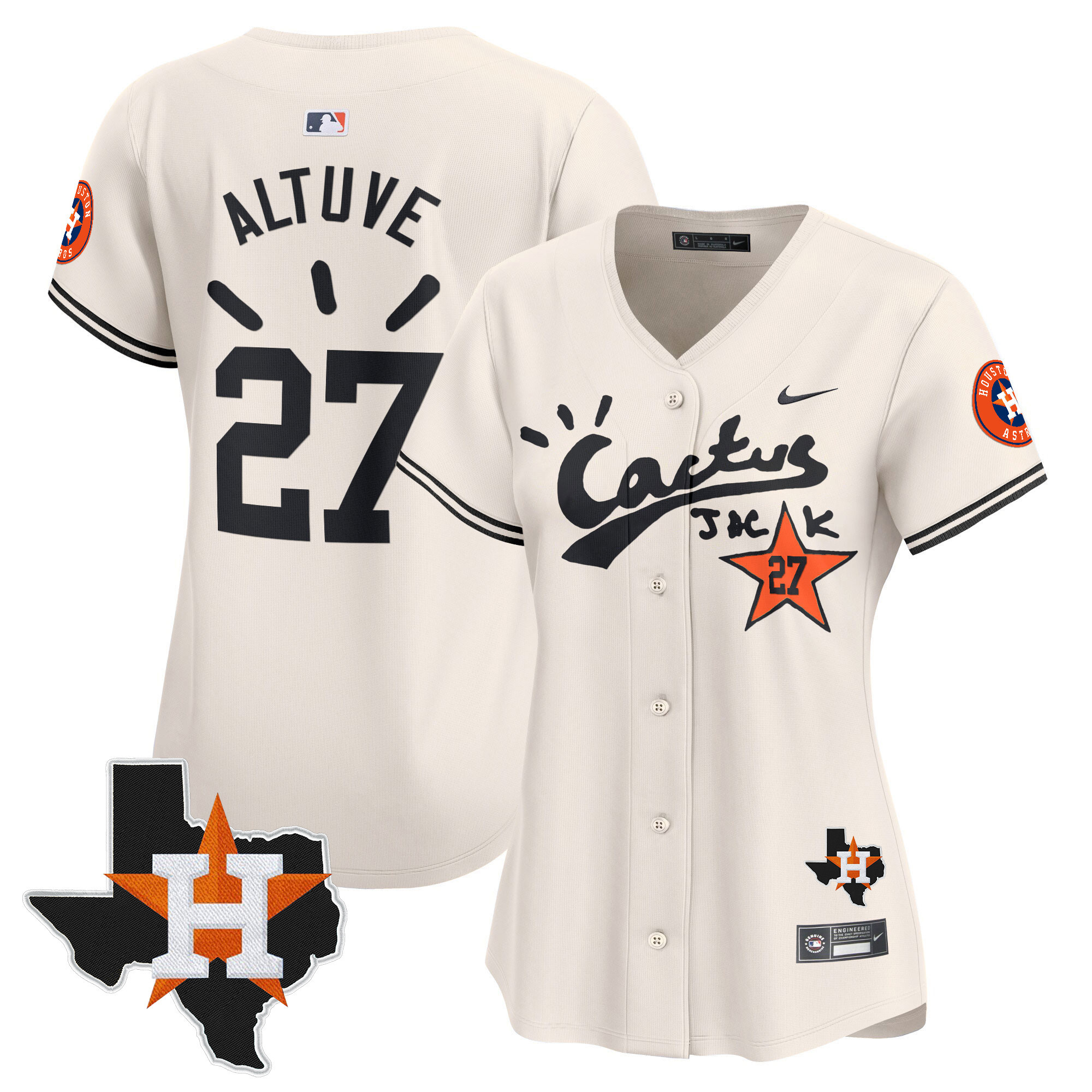 José Altuve Women's Houston Astros Cactus Jack Patch Vapor Premier Limited V10 Cream Jersey - All Stitched