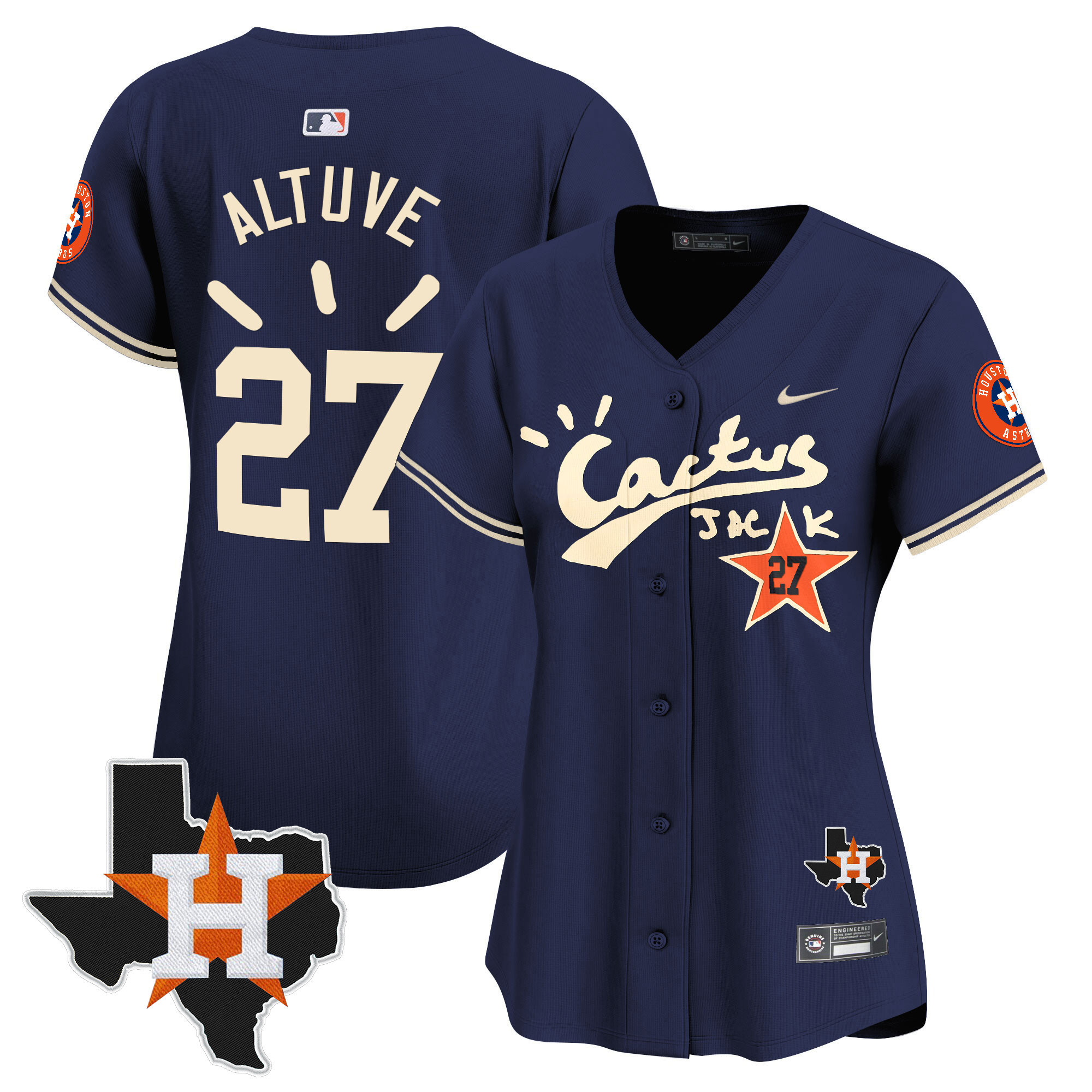José Altuve Women's Houston Astros Cactus Jack Patch Vapor Premier Limited V10 Navy Jersey - All Stitched