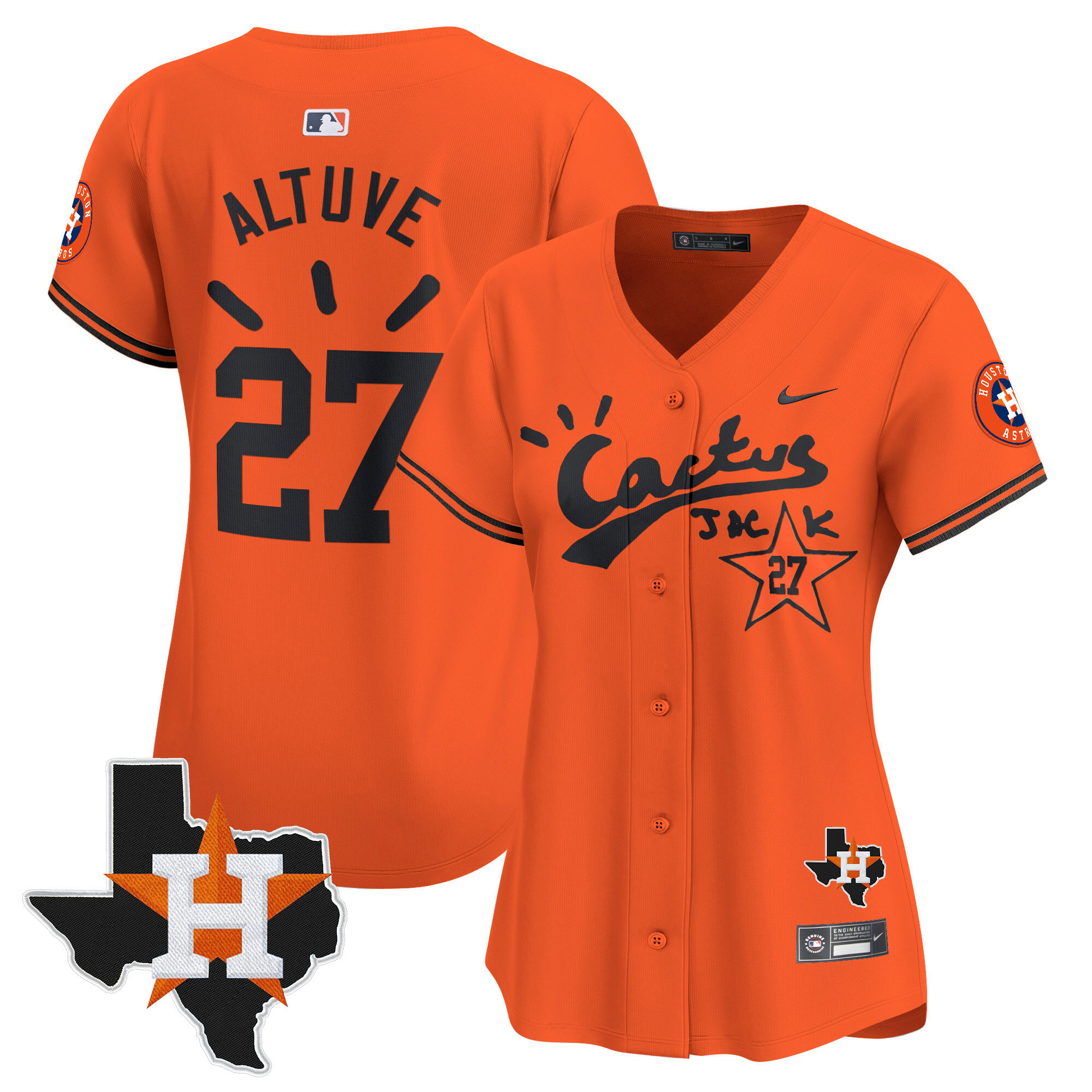 José Altuve Women's Houston Astros Cactus Jack Patch Vapor Premier Limited V10 Orange Jersey - All Stitched