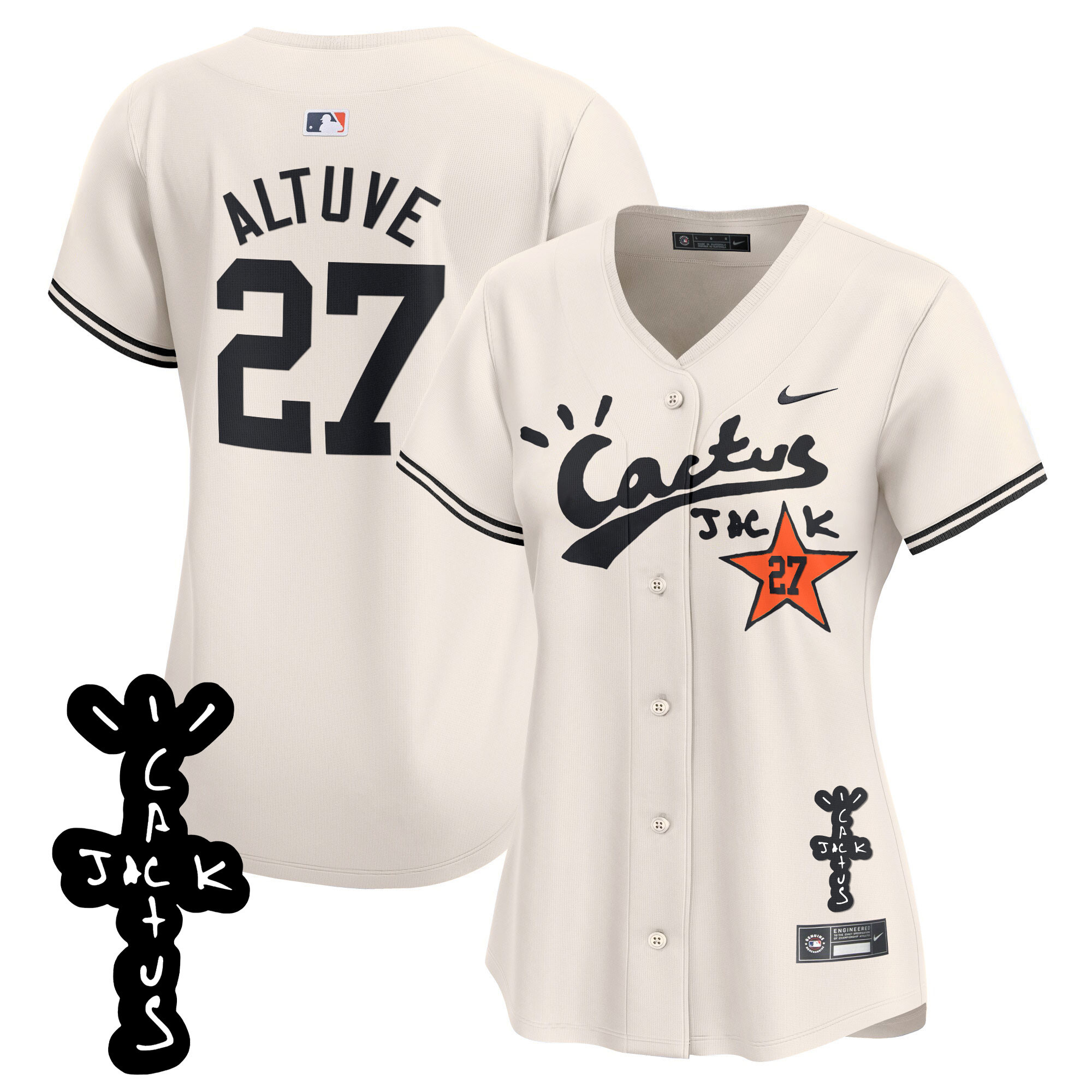 José Altuve Women's Houston Astros Cactus Jack Patch Vapor Premier Limited V2 Cream Jersey - All Stitched