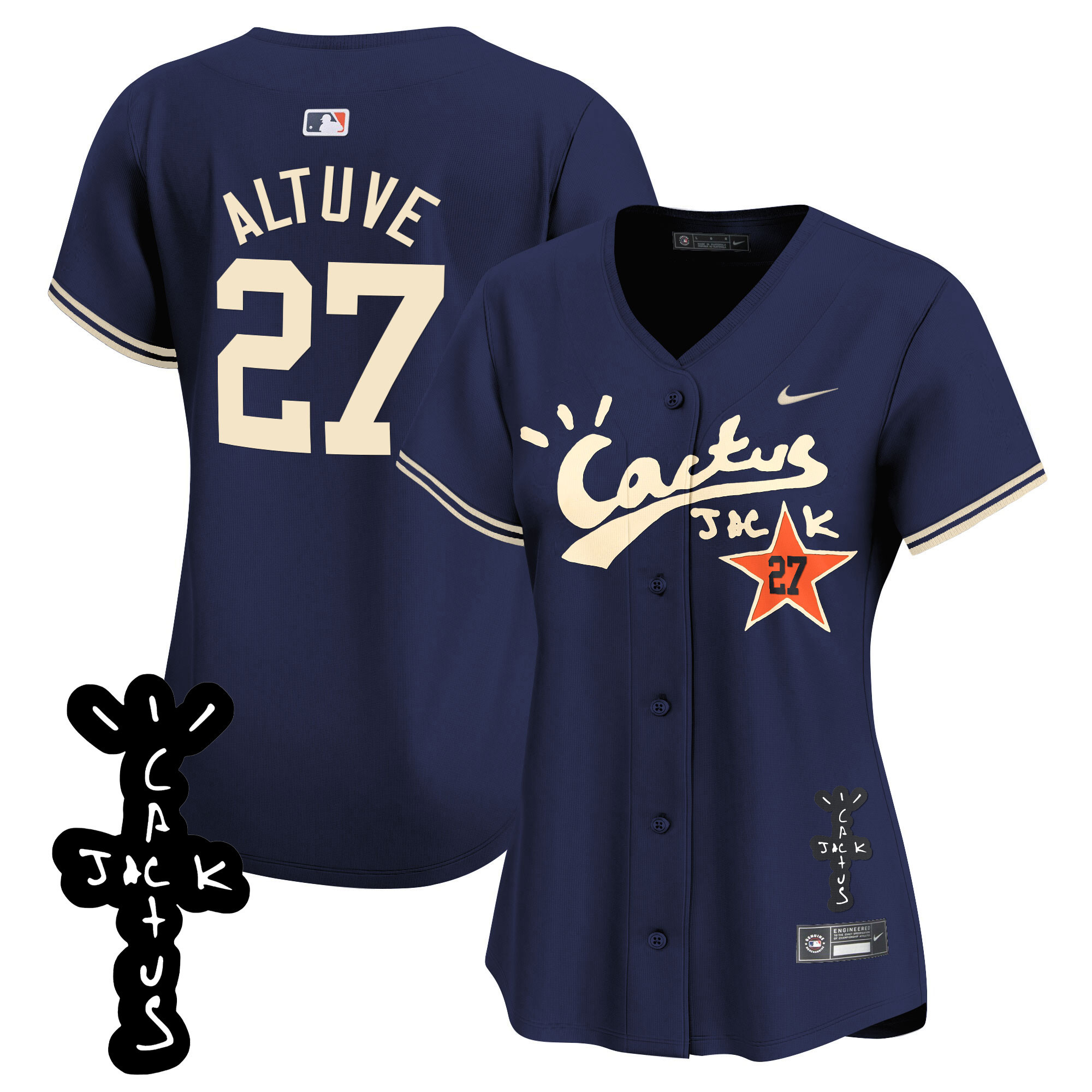 José Altuve Women's Houston Astros Cactus Jack Patch Vapor Premier Limited V2 Navy Jersey - All Stitched