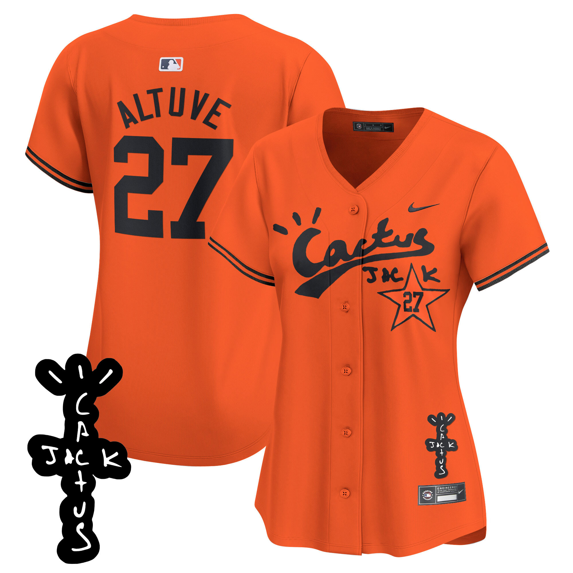 José Altuve Women's Houston Astros Cactus Jack Patch Vapor Premier Limited V2 Orange Jersey - All Stitched