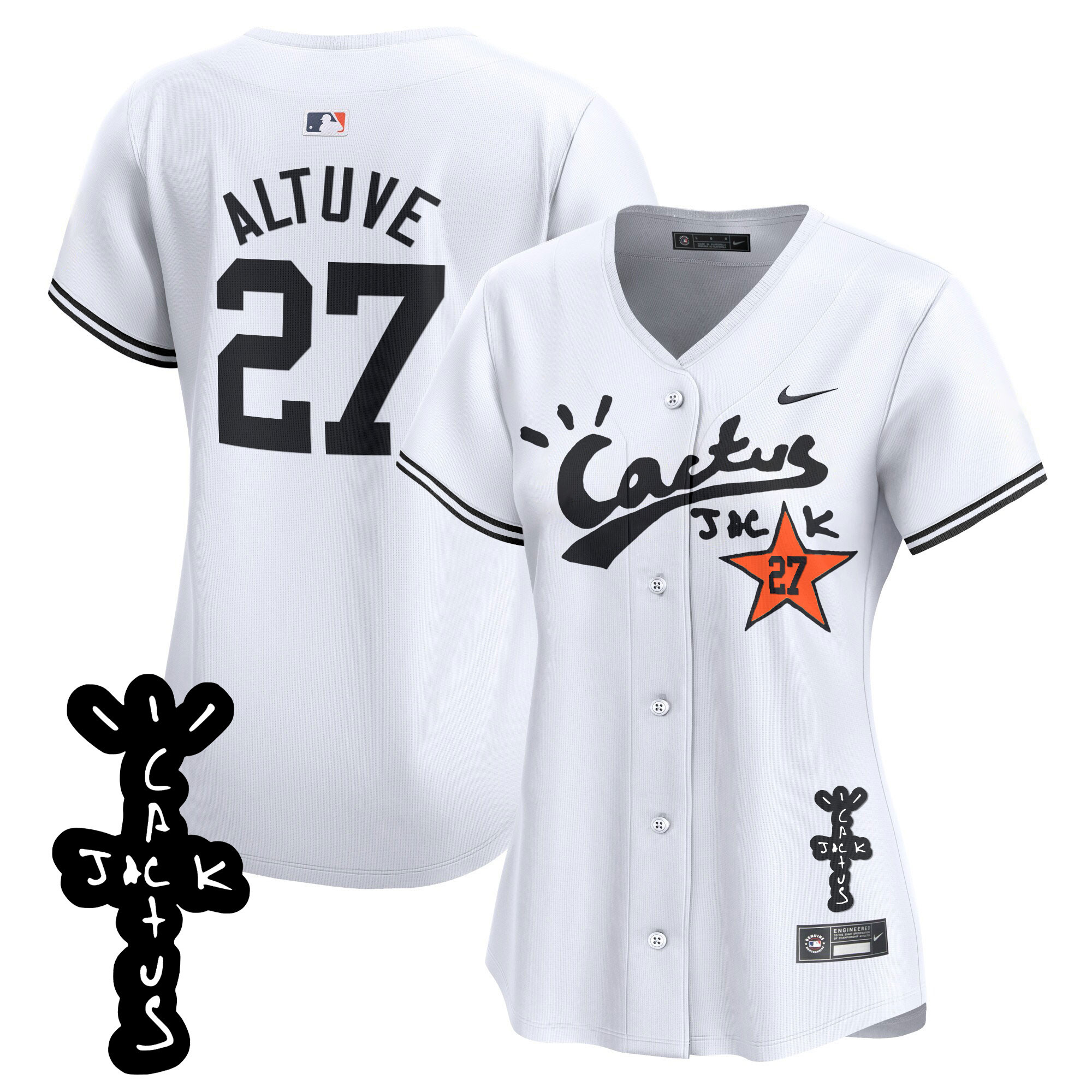 José Altuve Women's Houston Astros Cactus Jack Patch Vapor Premier Limited V2 White Jersey - All Stitched