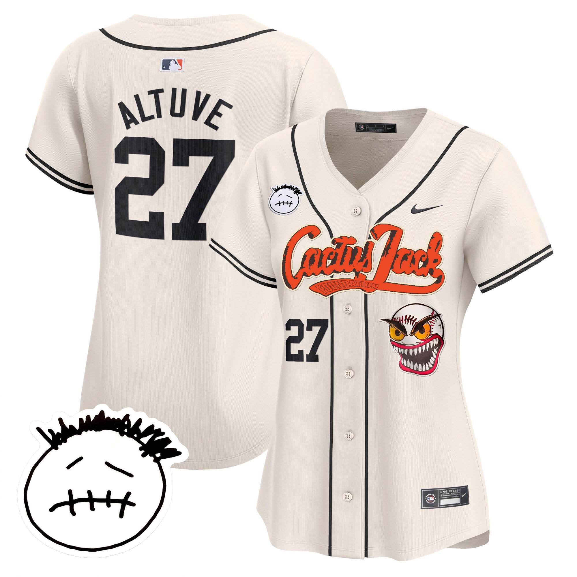 José Altuve Women's Houston Astros Cactus Jack Patch Vapor Premier Limited V3 Cream Jersey - All Stitched