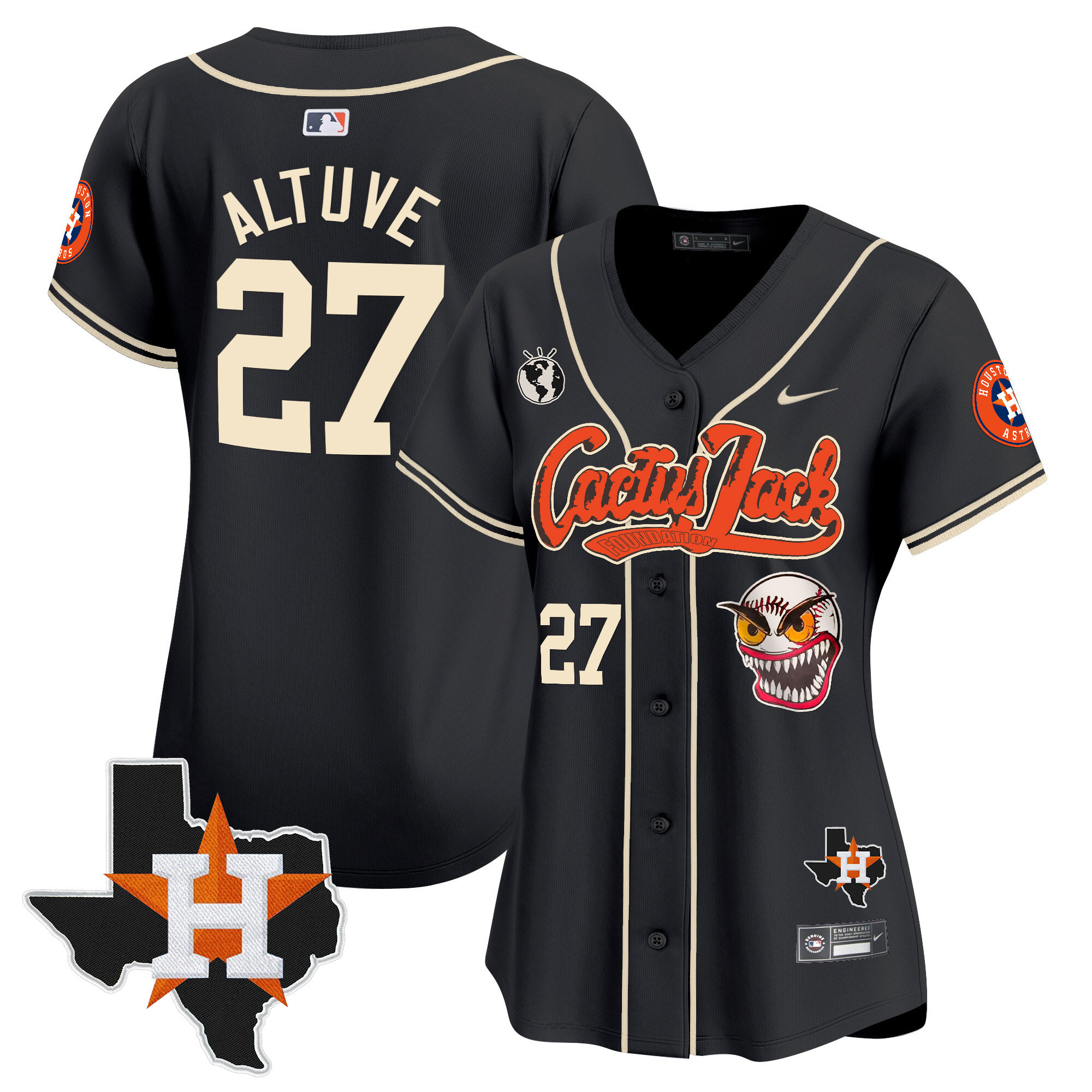 José Altuve Women's Houston Astros Cactus Jack Patch Vapor Premier Limited V6 Black Jersey - All Stitched