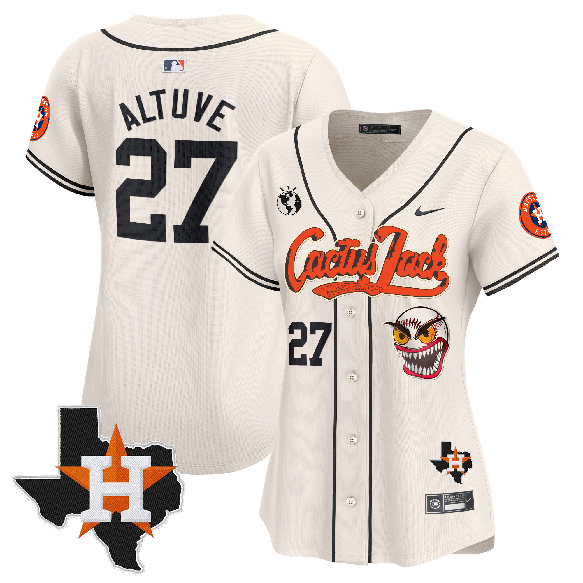 José Altuve Women's Houston Astros Cactus Jack Patch Vapor Premier Limited V6 Cream Jersey - All Stitched