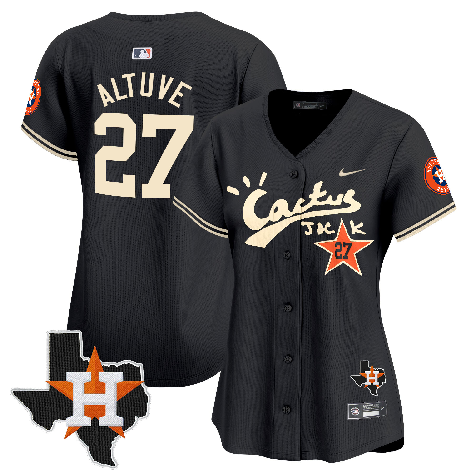 José Altuve Women's Houston Astros Cactus Jack Patch Vapor Premier Limited V7 Black Jersey - All Stitched
