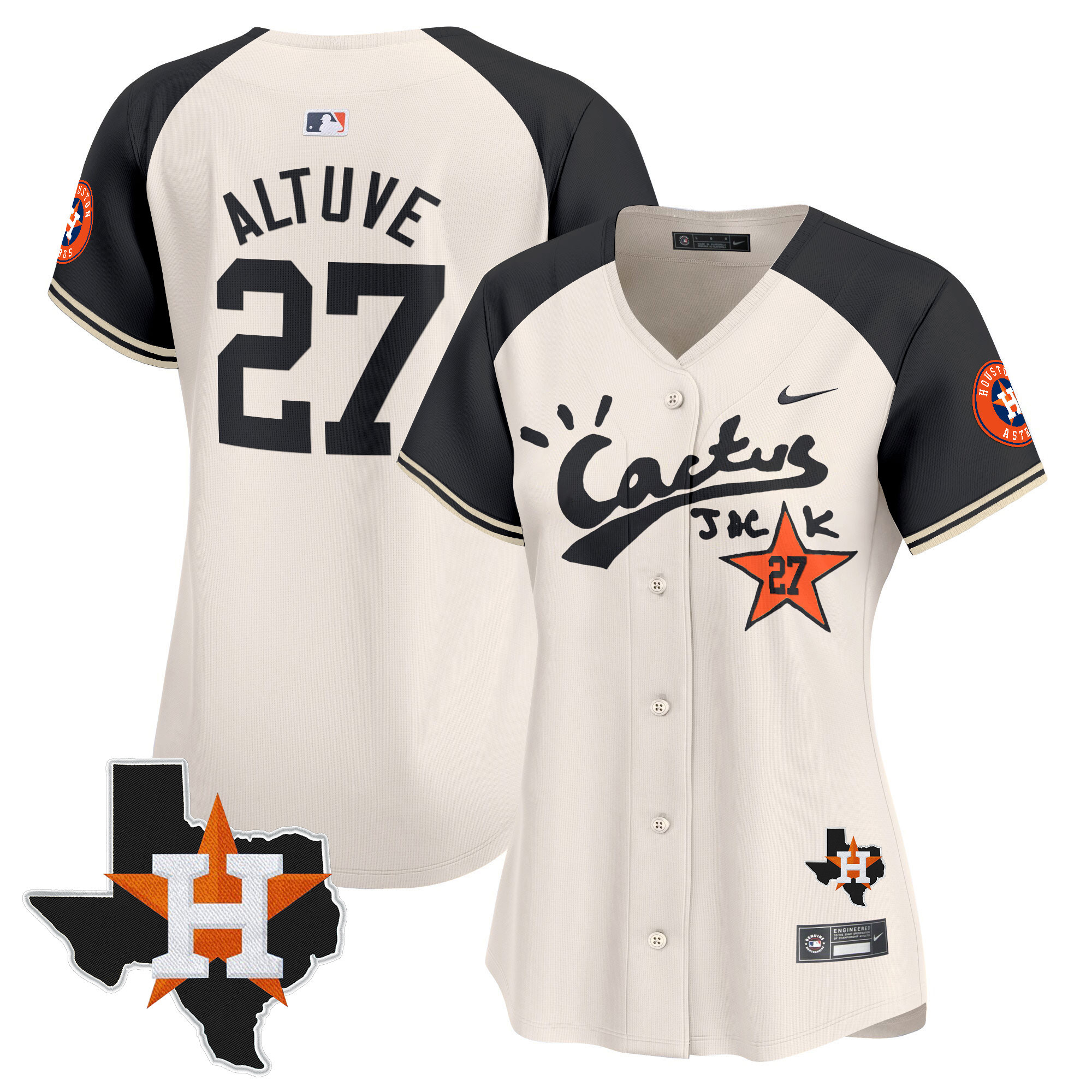 José Altuve Women's Houston Astros Cactus Jack Patch Vapor Premier Limited V7 Cream Alternate Jersey - All Stitched
