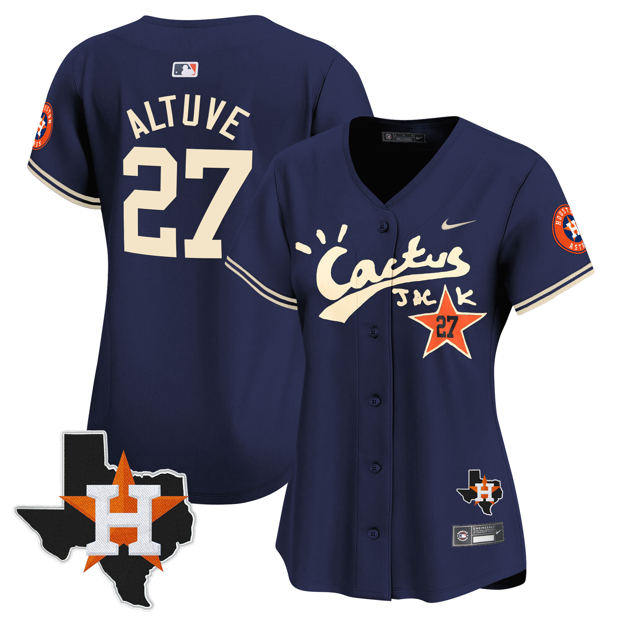 José Altuve Women's Houston Astros Cactus Jack Patch Vapor Premier Limited V7 Navy Jersey - All Stitched