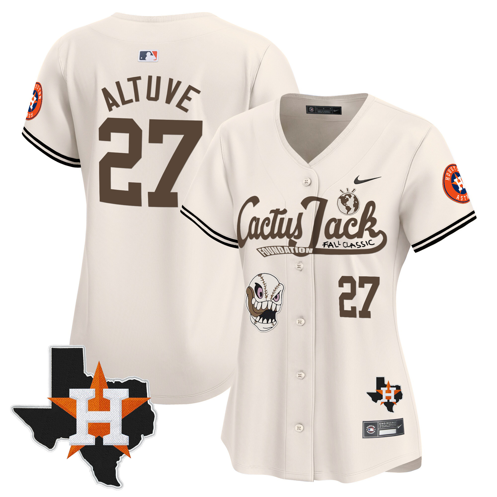 José Altuve Women's Houston Astros Cactus Jack Patch Vapor Premier Limited V8 Cream Jersey - All Stitched