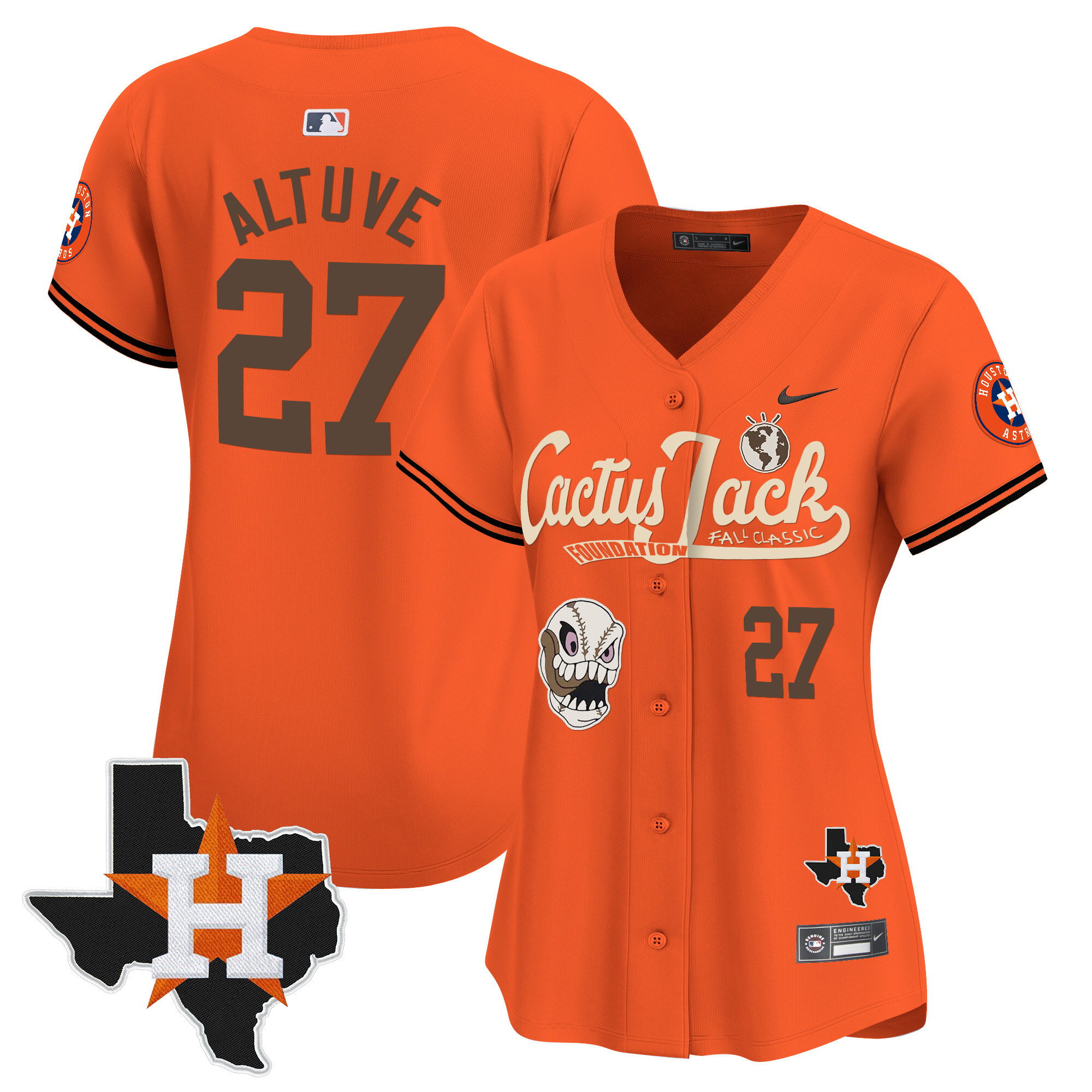 José Altuve Women's Houston Astros Cactus Jack Patch Vapor Premier Limited V8 Orange Jersey - All Stitched