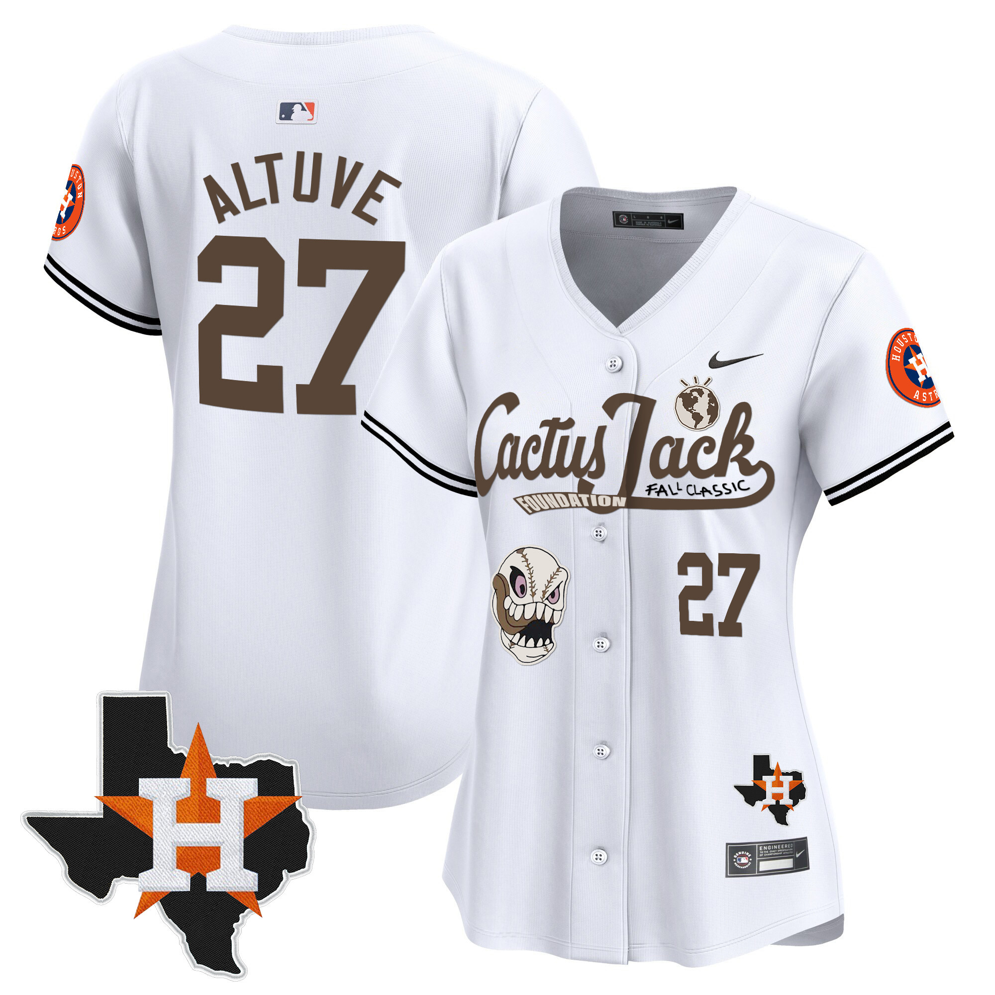 José Altuve Women's Houston Astros Cactus Jack Patch Vapor Premier Limited V8 White Jersey - All Stitched