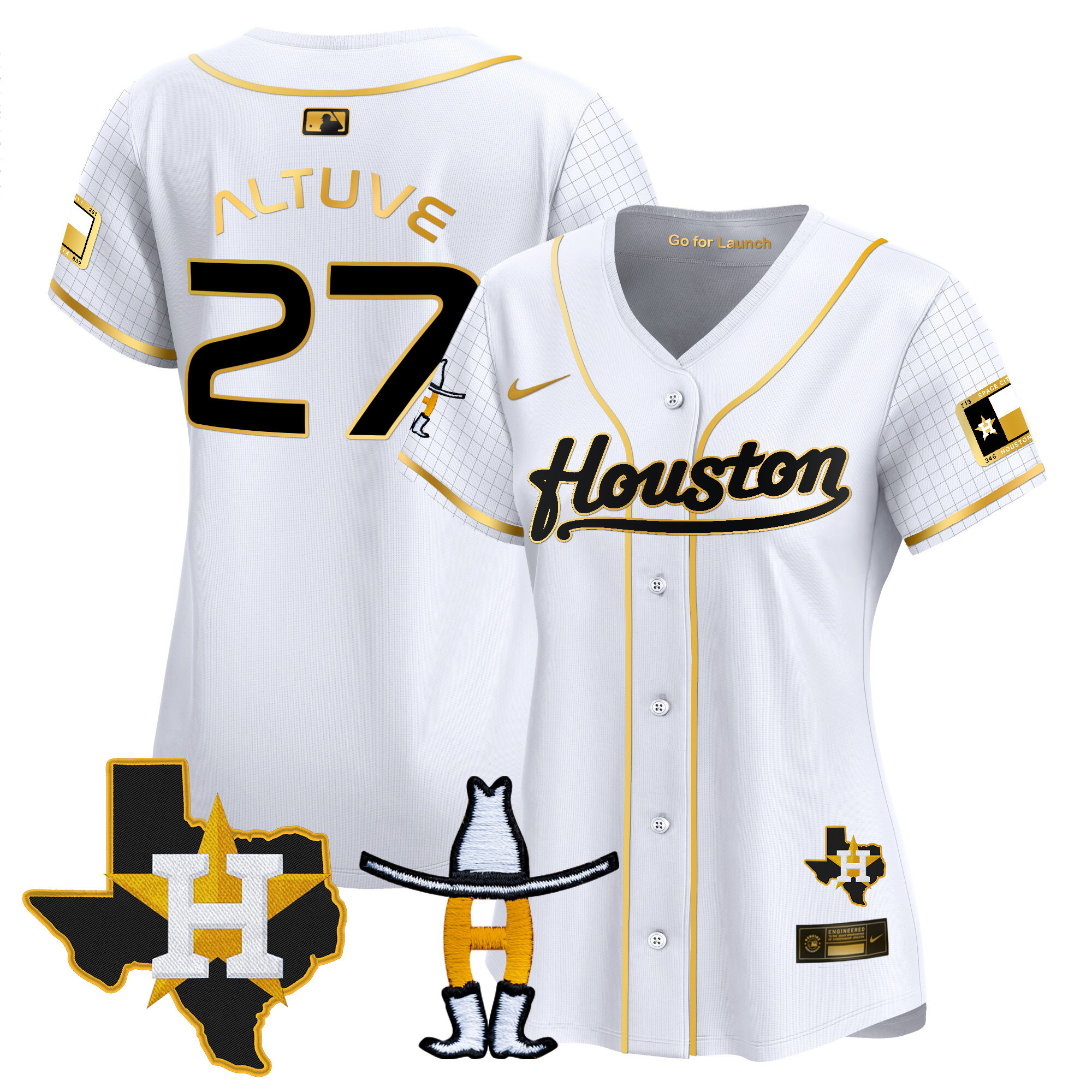 José Altuve Women's Houston Astros Space City Houston Rodeo Patch Vapor Premier Limited White Gold Jersey - All Stitched