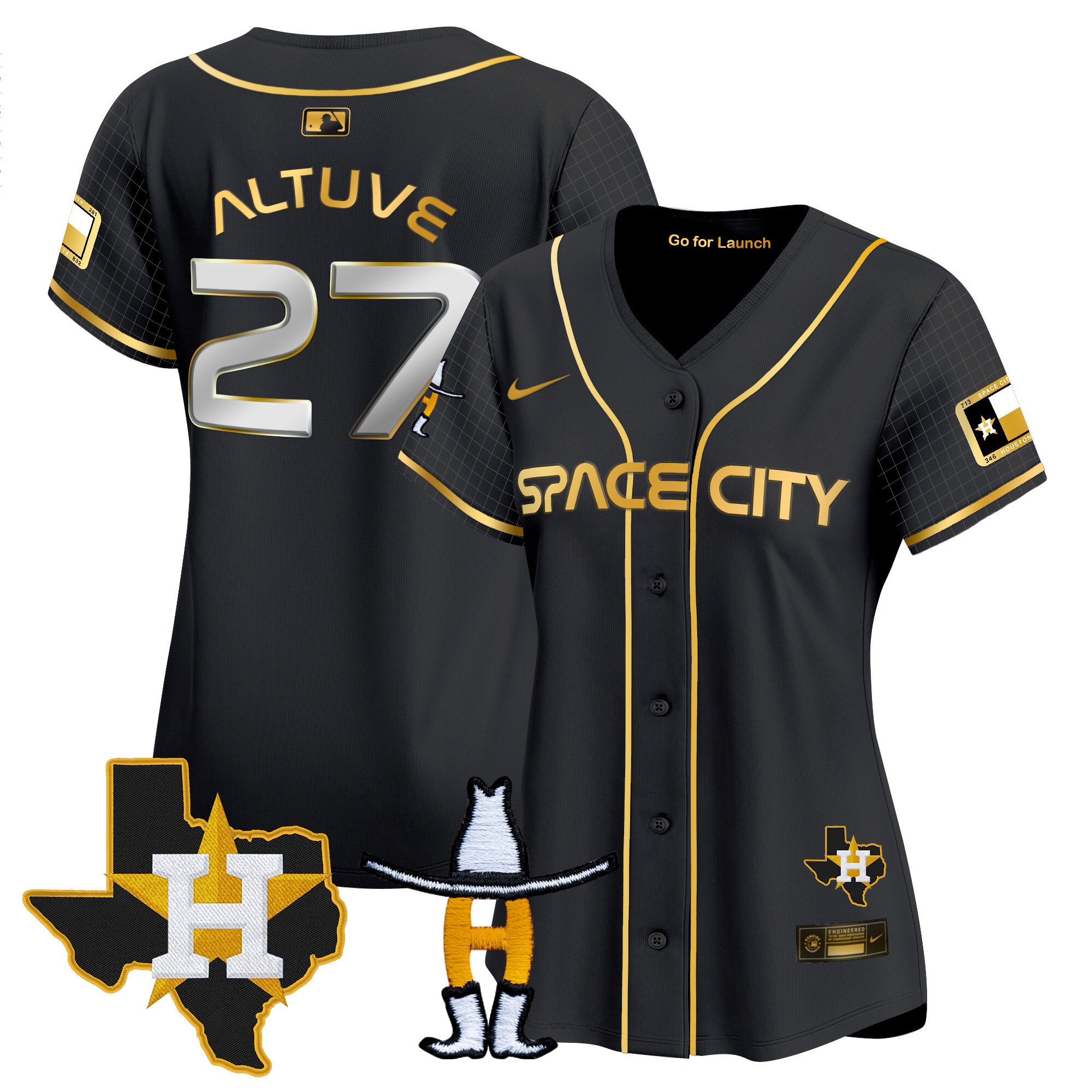 José Altuve Women's Houston Astros Space City Texas Patch Vapor Premier Limited Black Gold Jersey - All Stitched