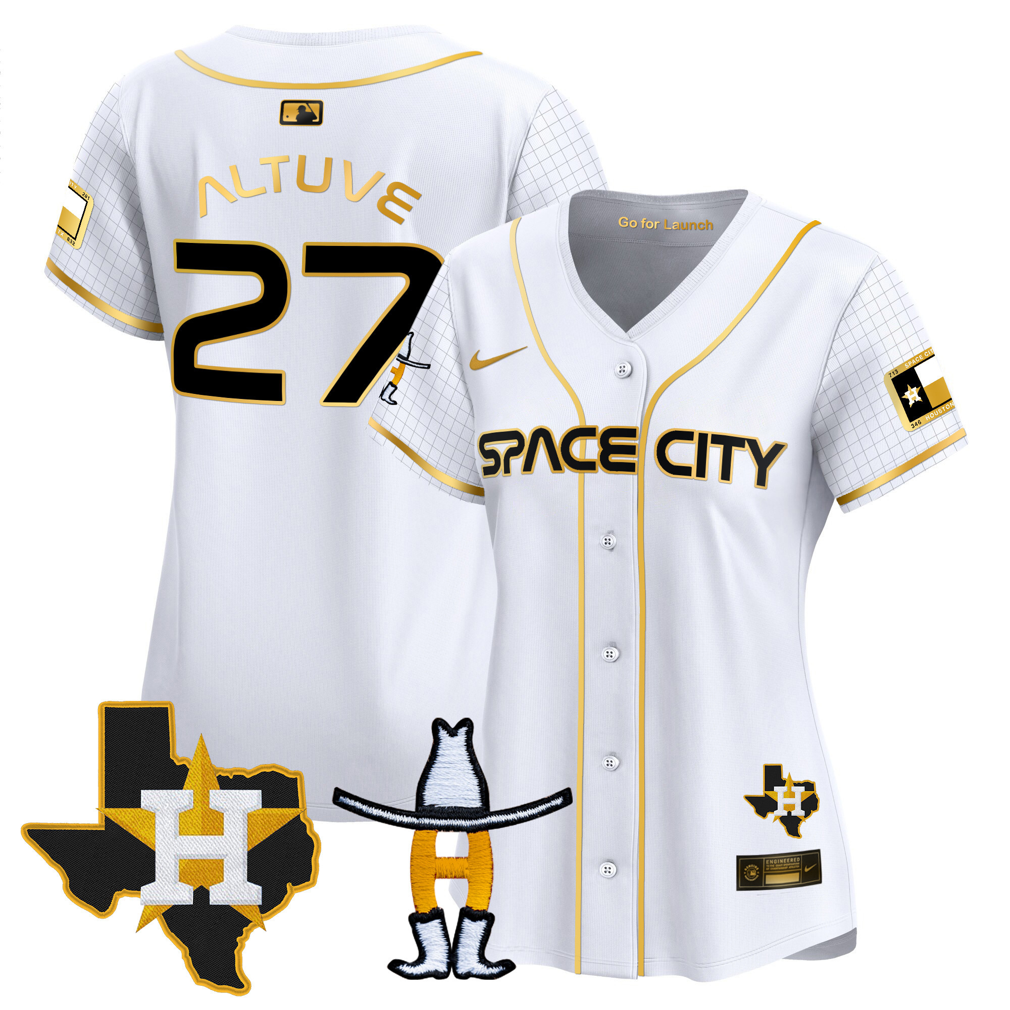 José Altuve Women's Houston Astros Space City Texas Patch Vapor Premier Limited White Gold Jersey - All Stitched