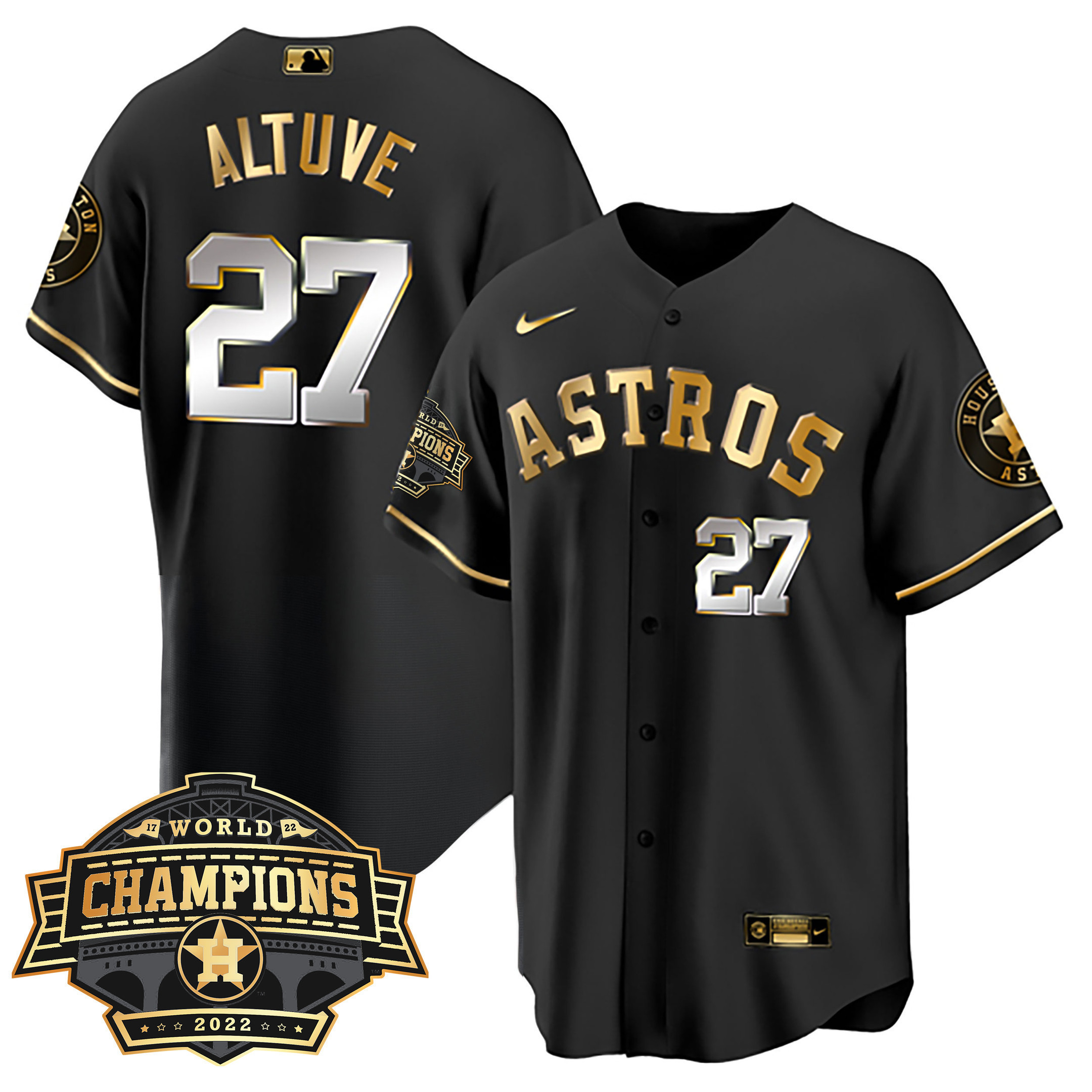 José Altuve Youth's Houston Astros 2022 World Series Champions Patch Limited Cool Black Jersey - All Stitched