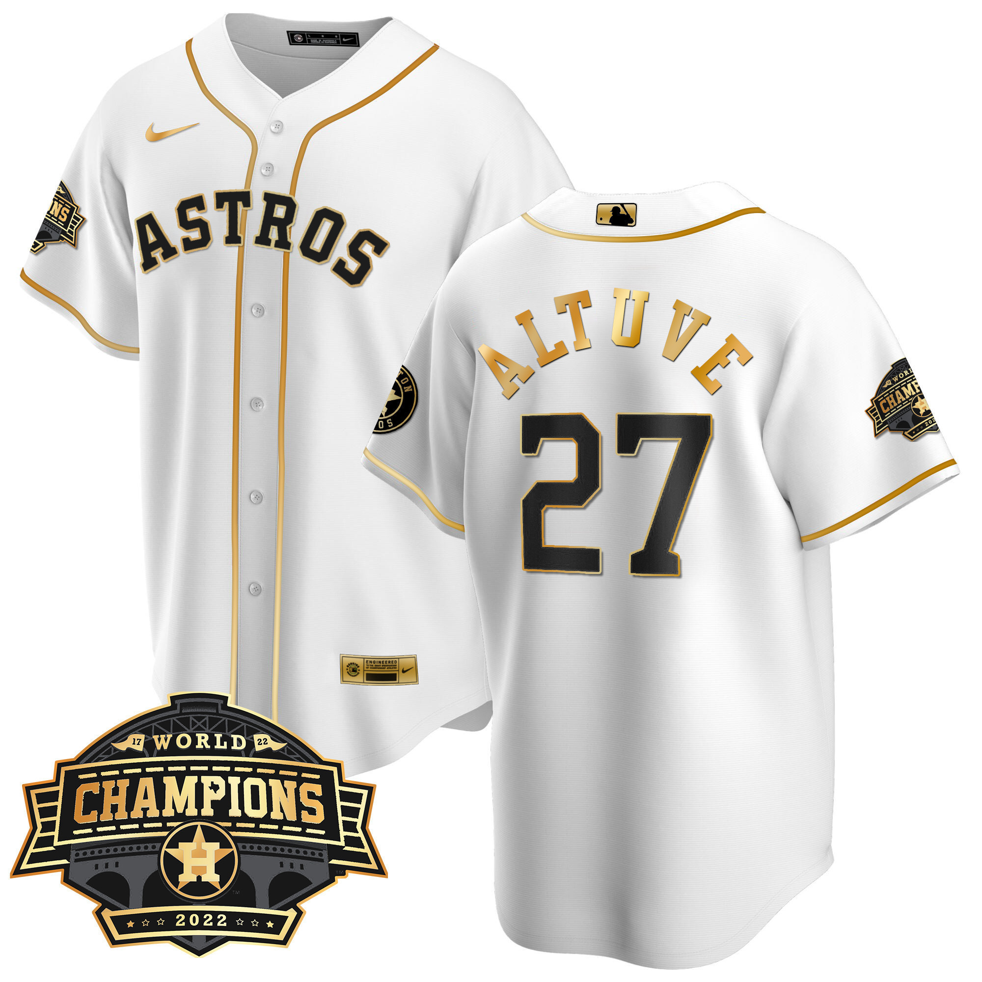 José Altuve Youth's Houston Astros 2022 World Series Champions Patch Limited Cool White Jersey - All Stitched