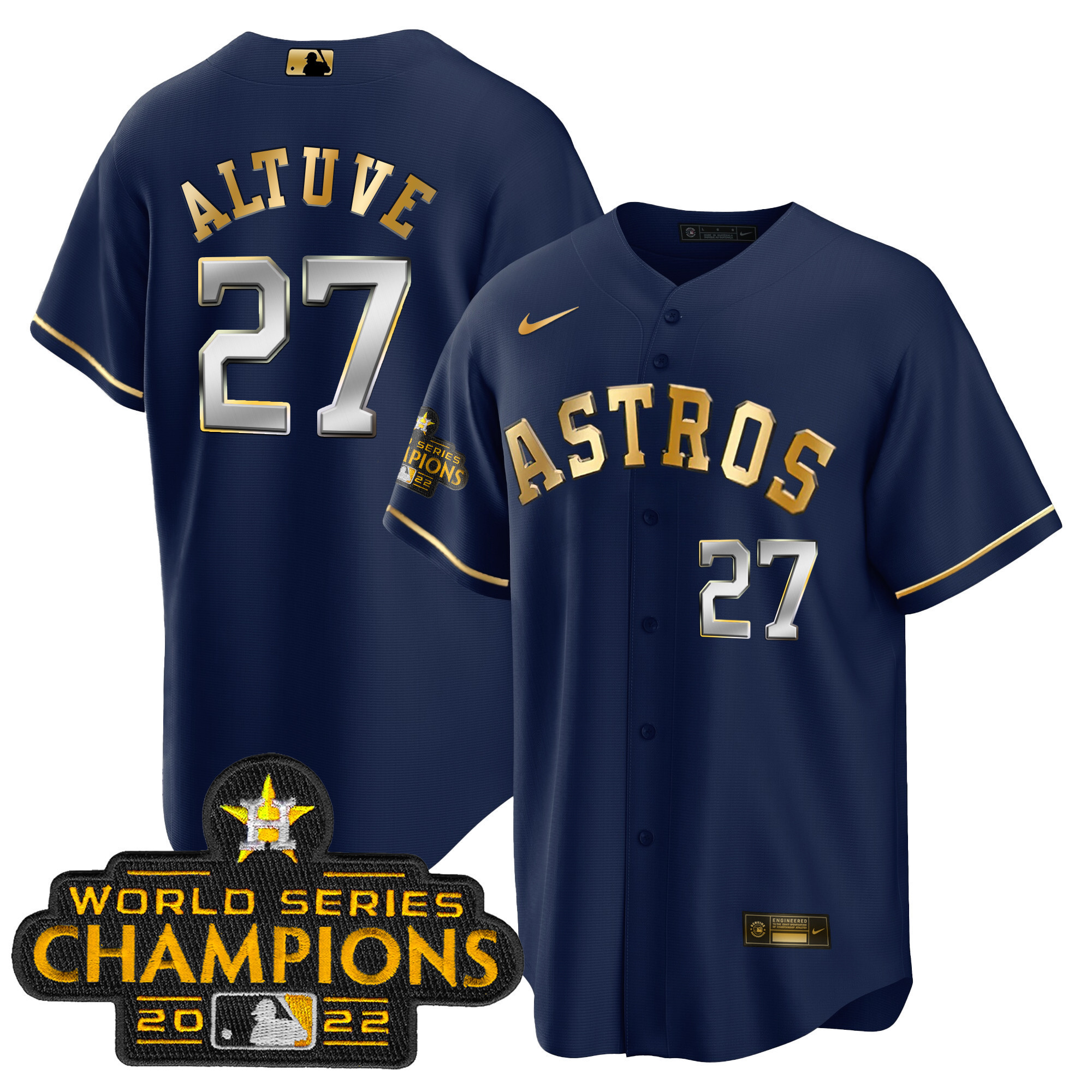 José Altuve Youth's Houston Astros 2023 Gold Cool Base Collection Navy Gold Jersey - All Stitched