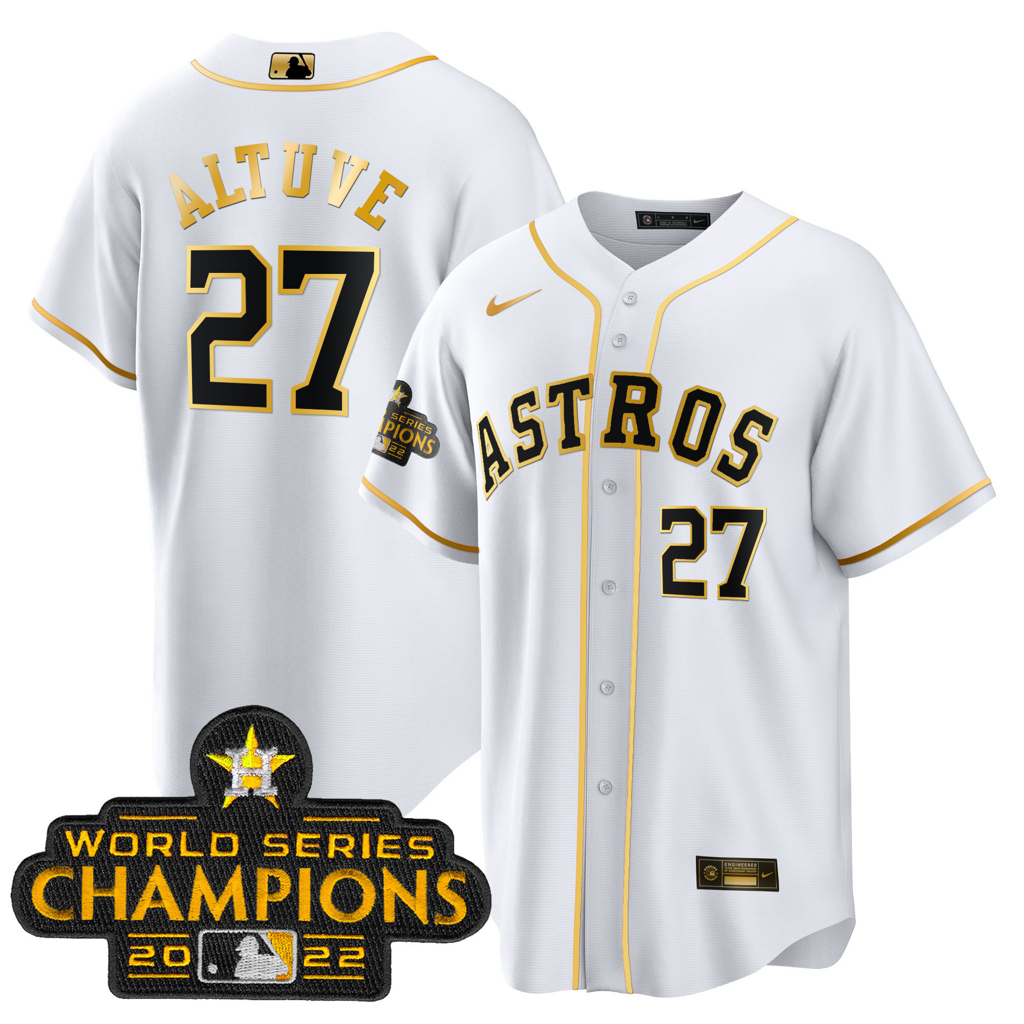 José Altuve Youth's Houston Astros 2023 Gold Cool Base Collection White Gold Jersey - All Stitched