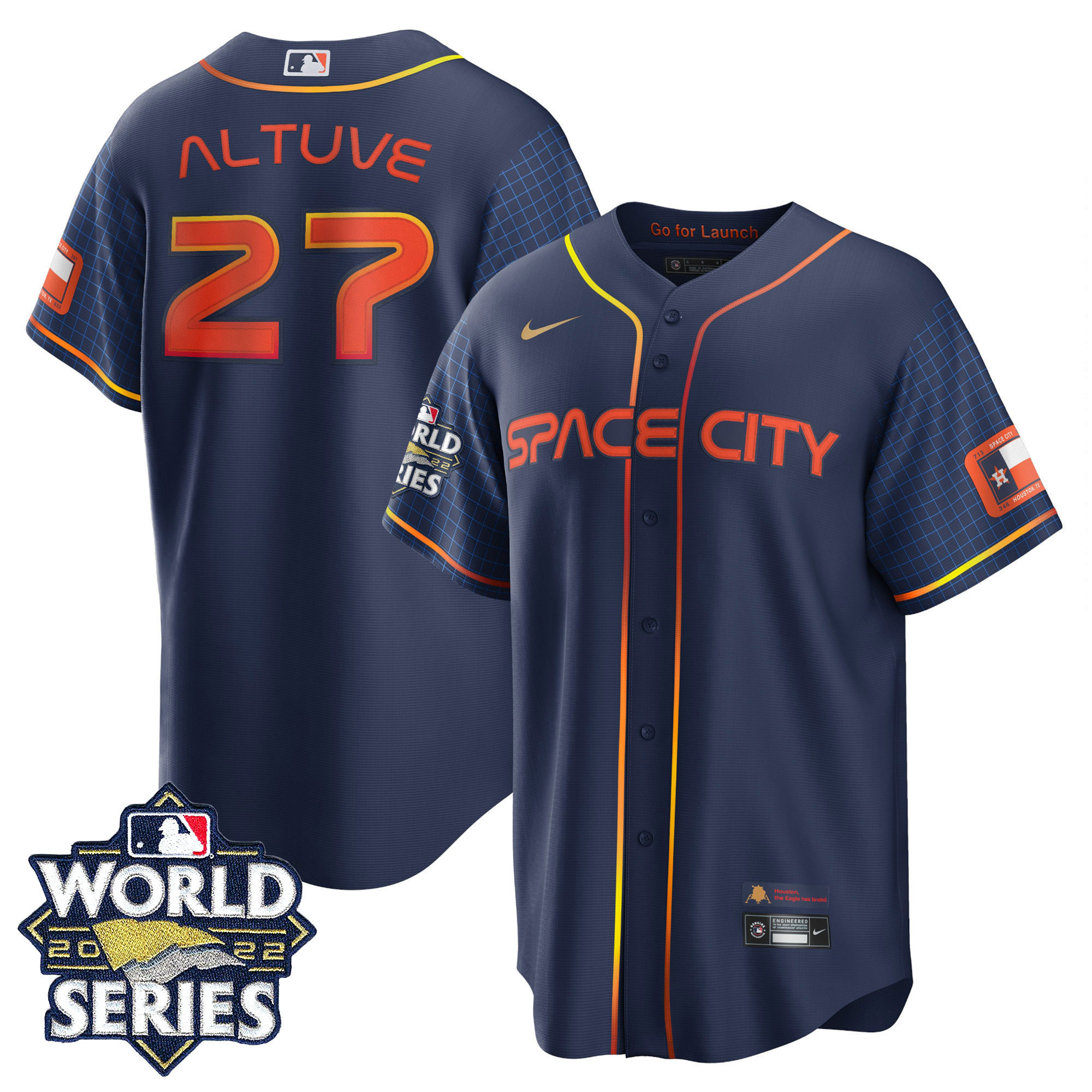 José Altuve Youth's Houston Astros Space City Gold 2022 World Series Cool Navy Jersey - All Stitched