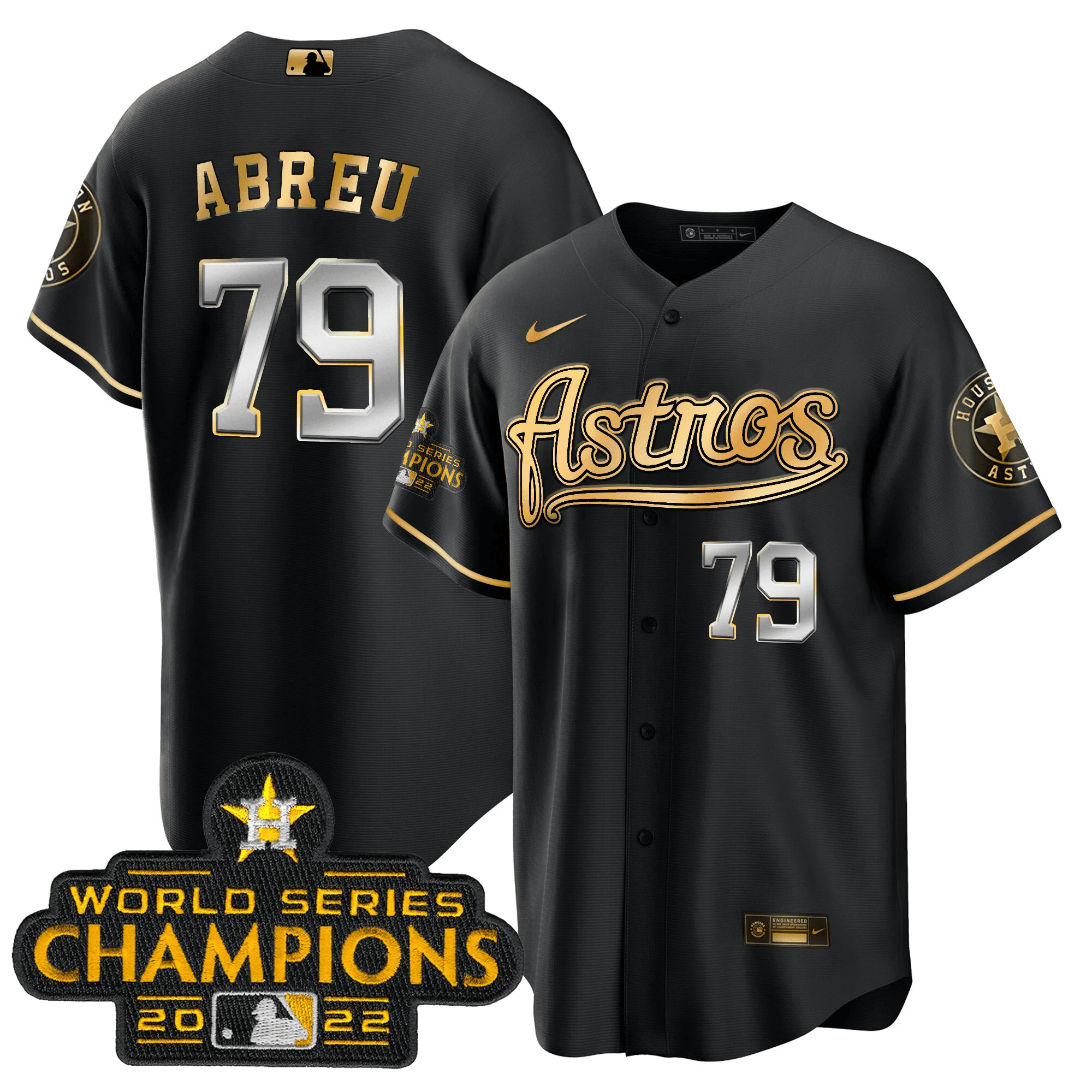 Jose Abreu Men's Houston Astros Champions & Throwback Patch Gold V2 Cool Black Jersey - All Stitched