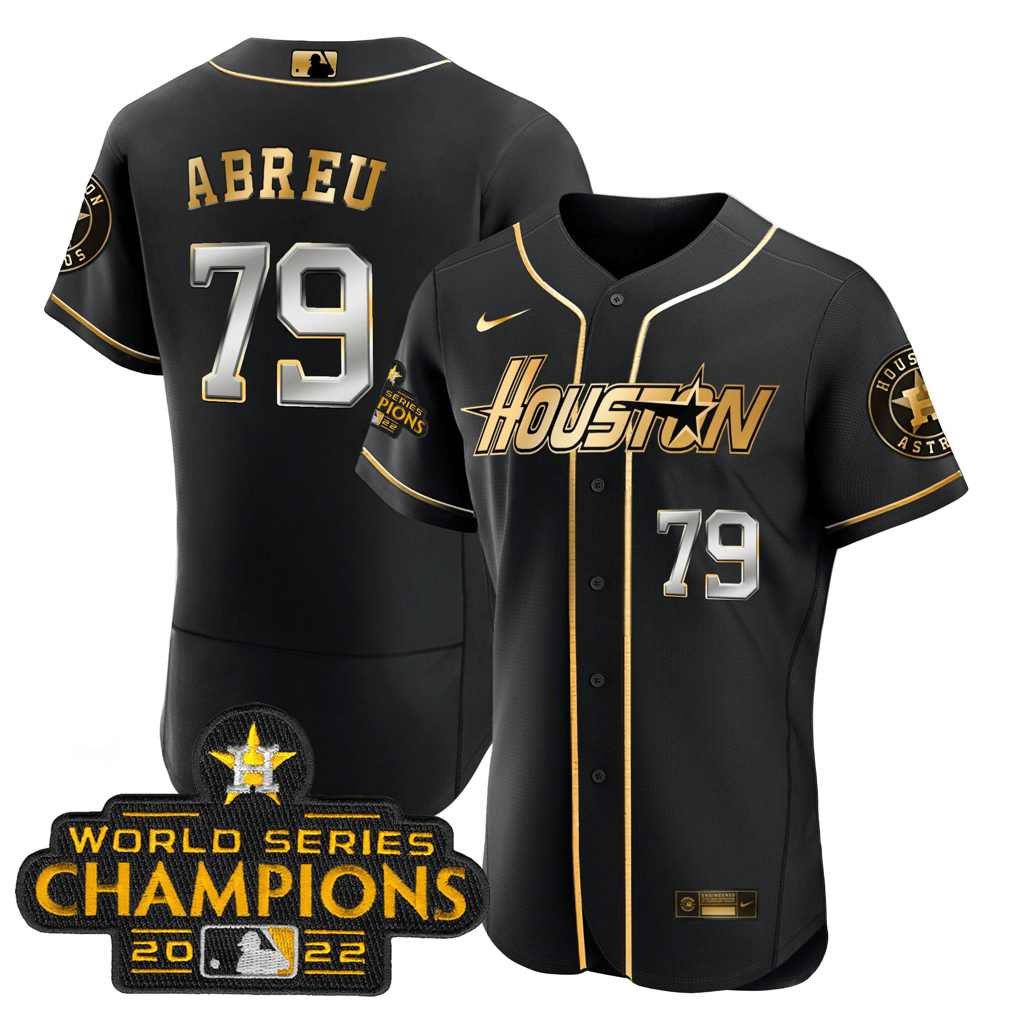Jose Abreu Men's Houston Astros Gray & Gold 2023 Champions Patch Flex Black Jersey - All Stitched