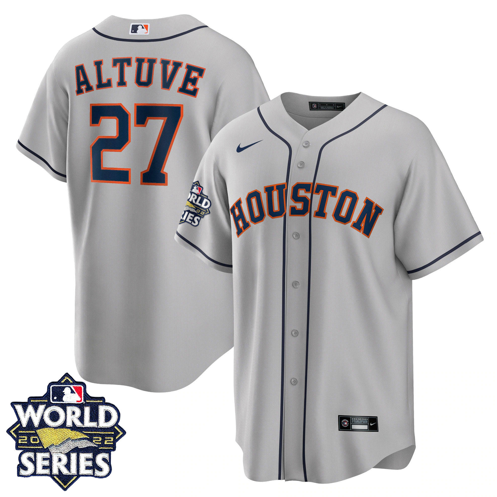 Jose Altuve Men's Houston Astros 2022 World Series Gray Road Player Cool Base Jersey - All Stitched