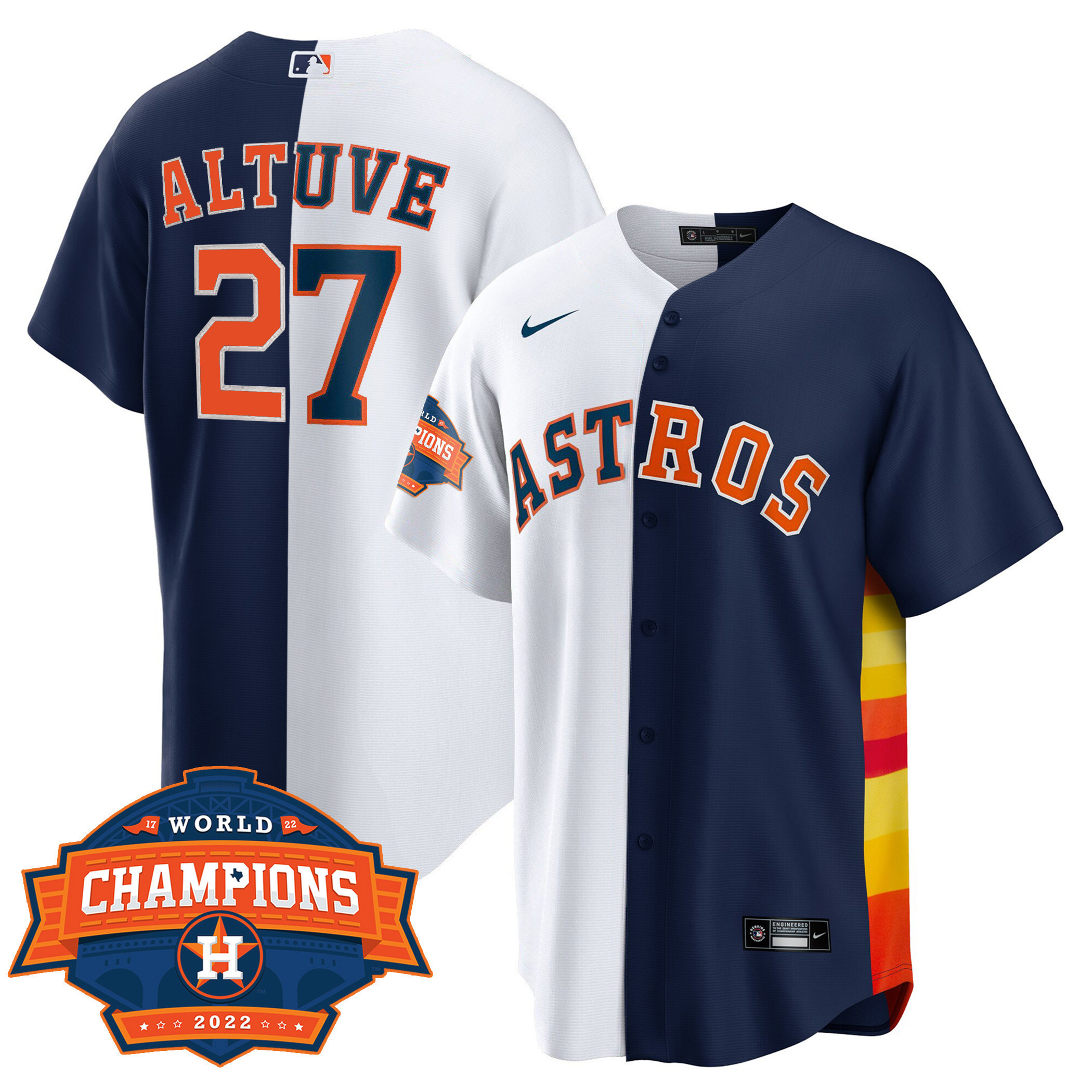 Jose Altuve Men's Houston Astros Cool Base Split 2022 Champions Limited Player White Navy Jersey - All Stitched