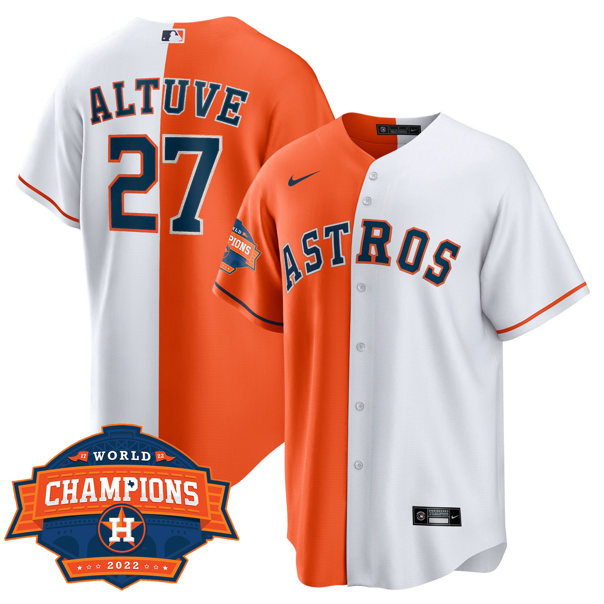 Jose Altuve Men's Houston Astros Cool Base Split 2022 Champions Limited Player White Orange Jersey - All Stitched