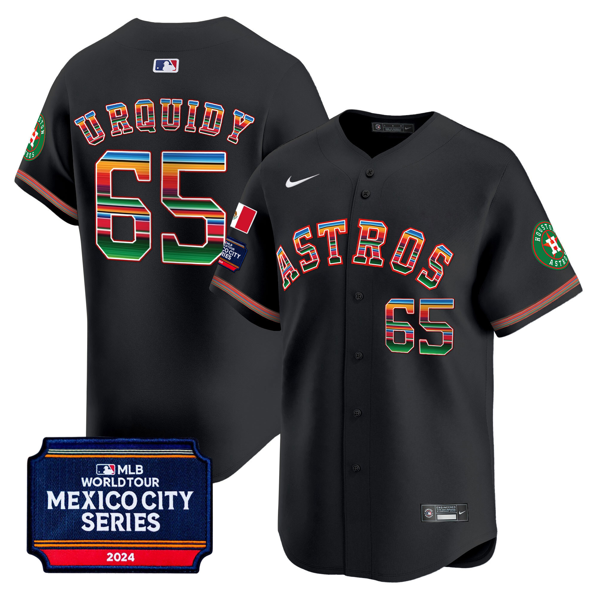Jose Urquidy Men's Houston Astros 2024 Mexico City Series Patch Vapor Premier Limited Black Jersey - All Stitched