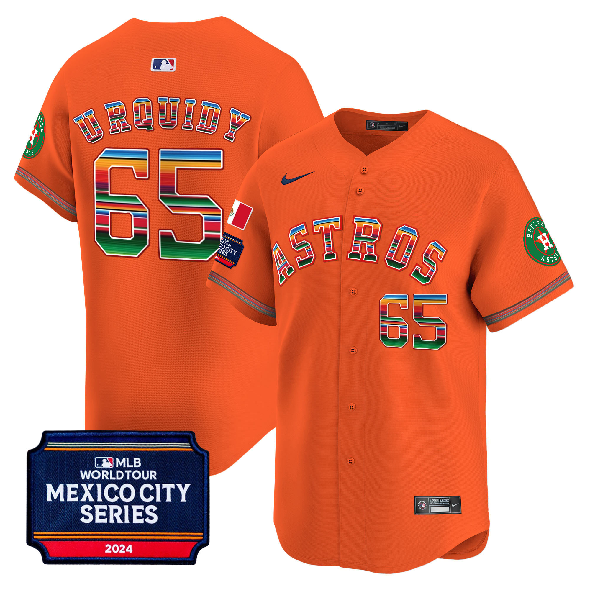 Jose Urquidy Men's Houston Astros 2024 Mexico City Series Patch Vapor Premier Limited Orange Jersey - All Stitched