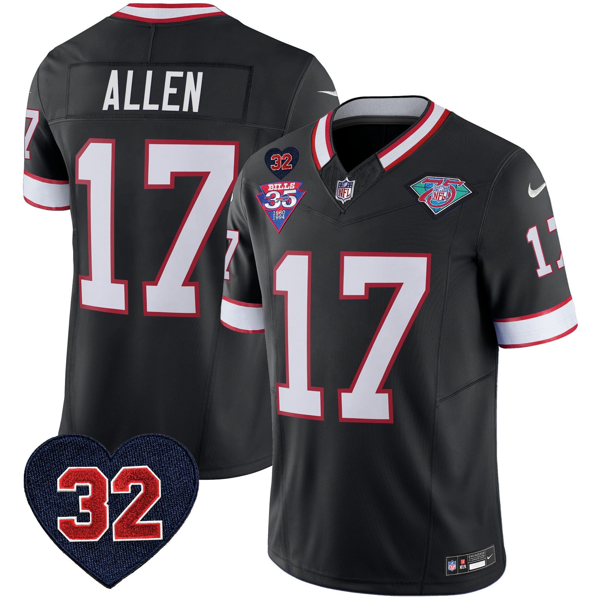 Josh Allen Men's Buffalo Bills 1994 Throwback O.J. Simpson Patch Vapor Limited Black Jersey - All Stitched 
