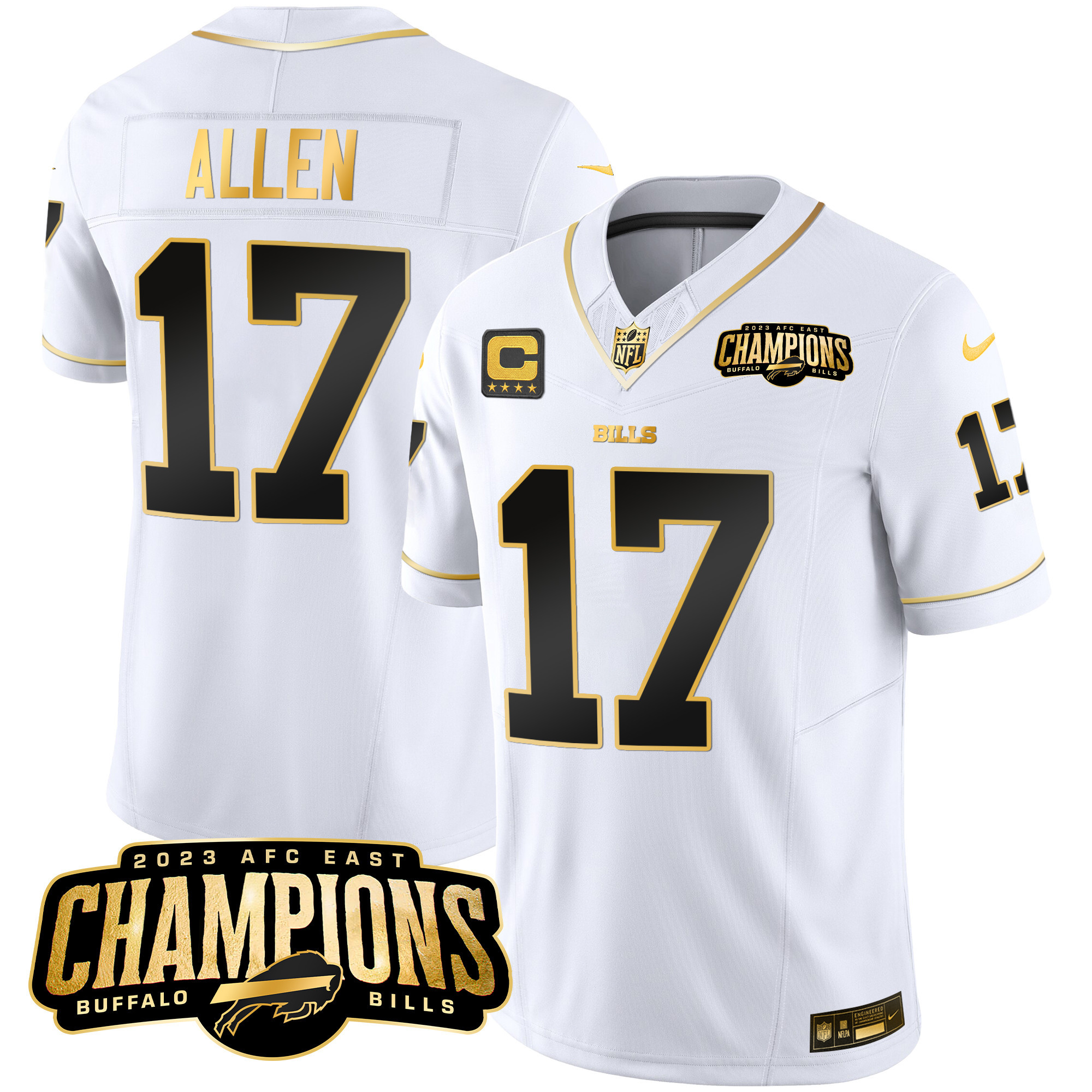 Josh Allen Men's Buffalo Bills 2023 AFC East Champions Patch Gold Vapor White Gold Jersey - All Stitched 